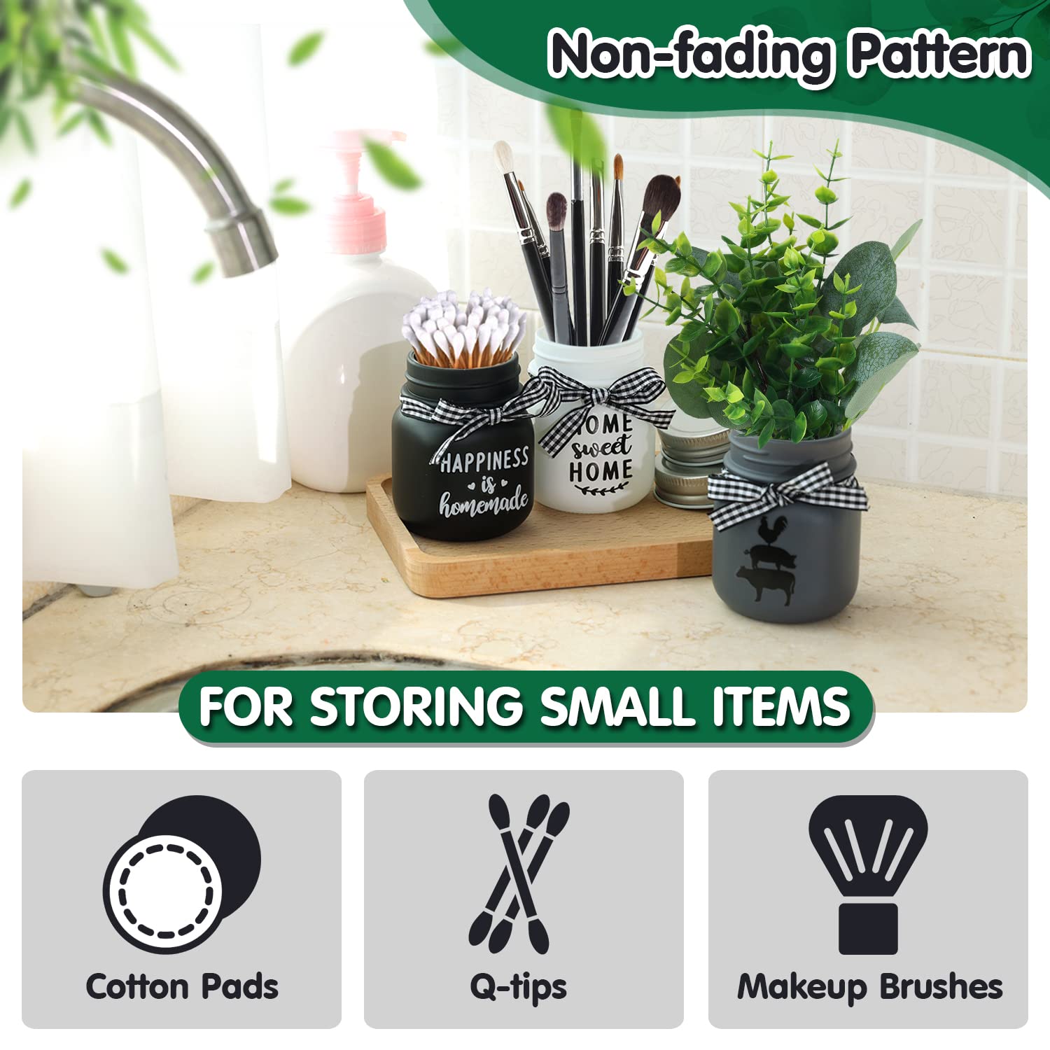 Farmhouse Mini Mason Jar Centerpiece Set of 3 - Rustic Table Decor for Coffee Table, Dining Table & Tiered Tray - Kitchen & Living Room Decor with Lids - Perfect for Weddings, Parties & Home Styling