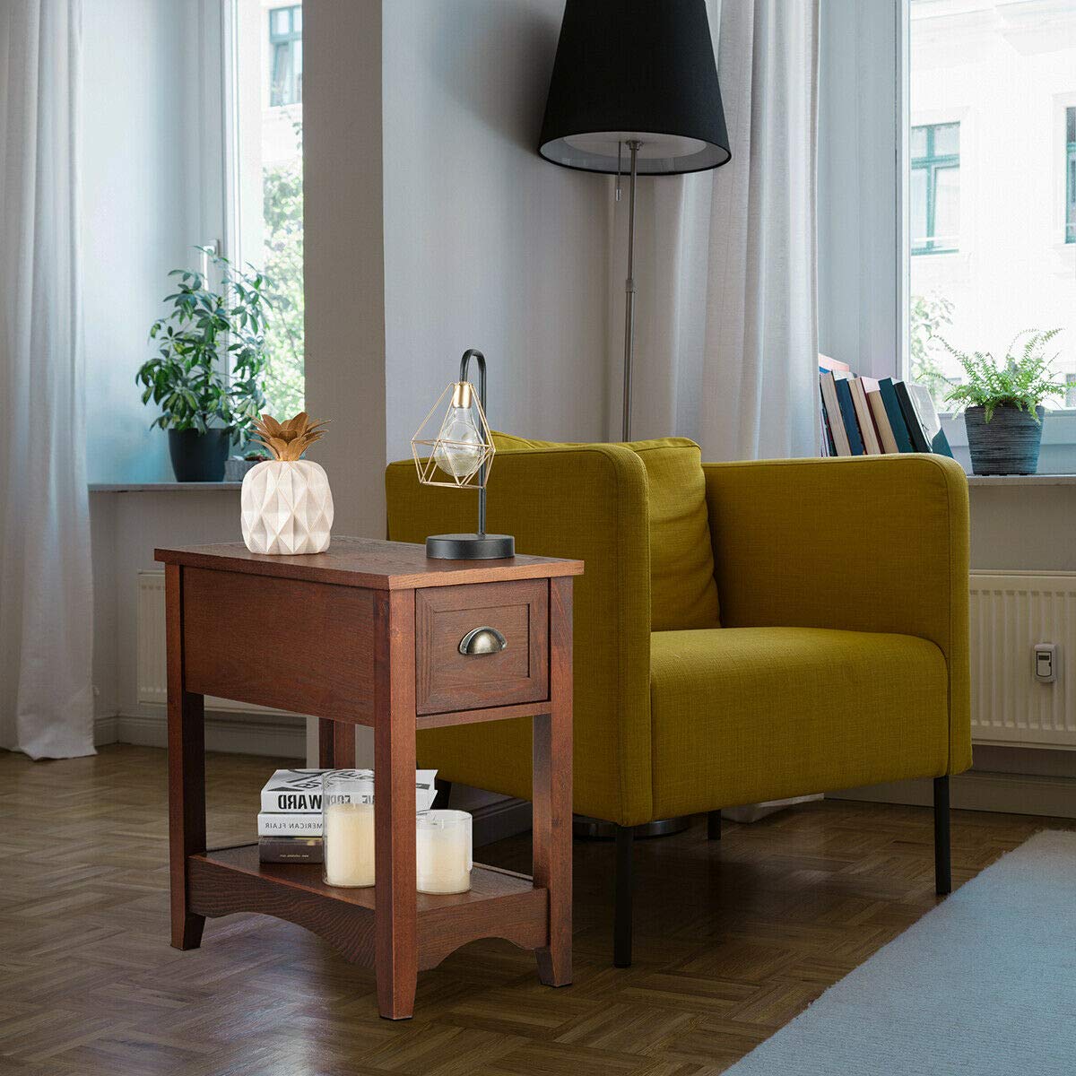 Giantex Retro Narrow End Table with Drawer & Storage Shelf - Solid Wood Nightstand for Bedroom, Living Room, Home Office - Perfect Small Space Solution for Bedside Storage & Decor (Walnut)