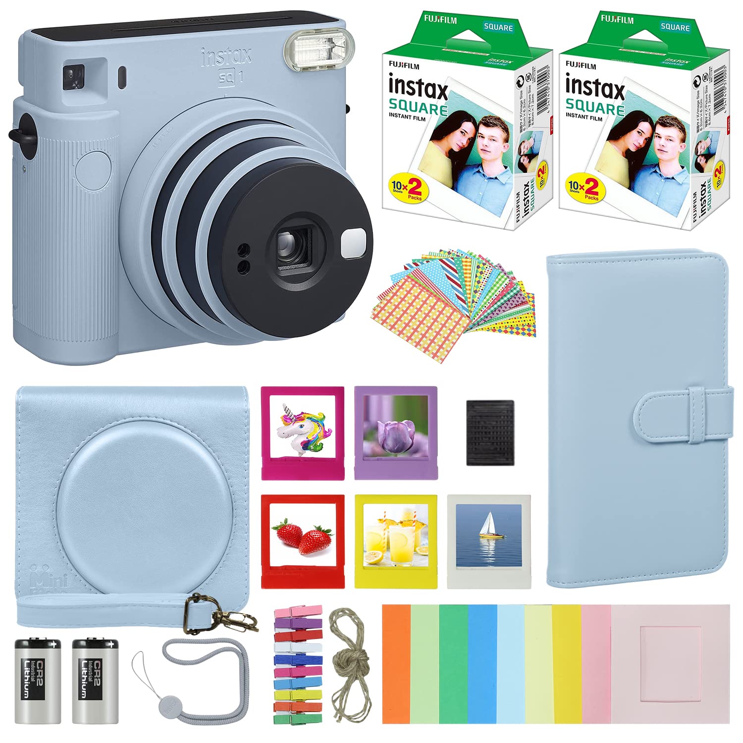 Fujifilm Instax Square SQ1 Instant Camera Glacier Blue with Carrying Case + 40 Sheets Fuji Instax Film Value Pack | Photo Album, Assorted Frames & Accessories Bundle | Perfect for Travel, Parties, Weddings & DIY Scrapbooking