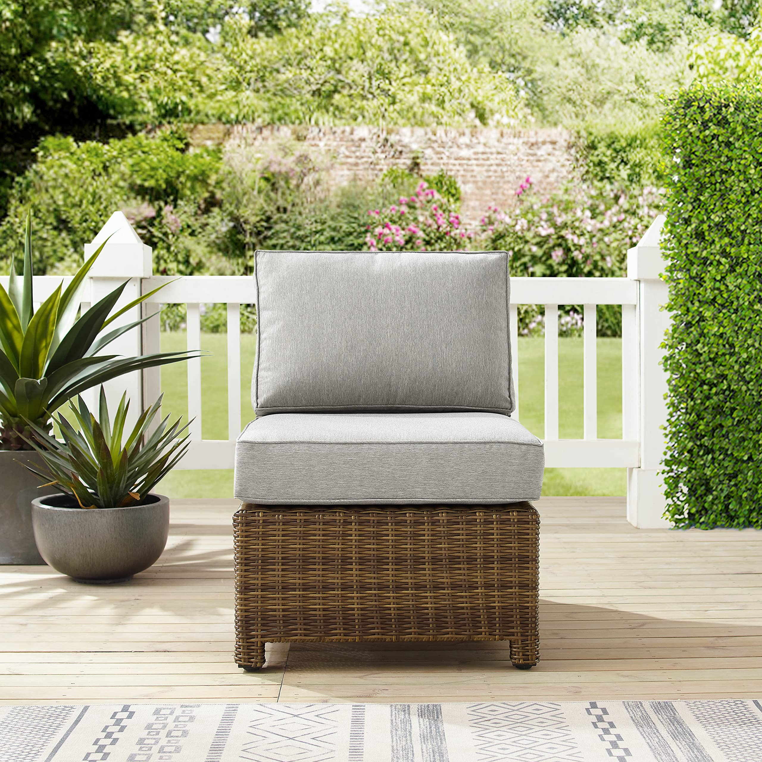 Crosley Bradenton Armless Outdoor Sectional Chair - All-Weather Wicker Patio Furniture with Gray Cushions for Porch, Deck, Backyard & Poolside Relaxation | Brown Rattan Sofa for Outdoor Living Spaces