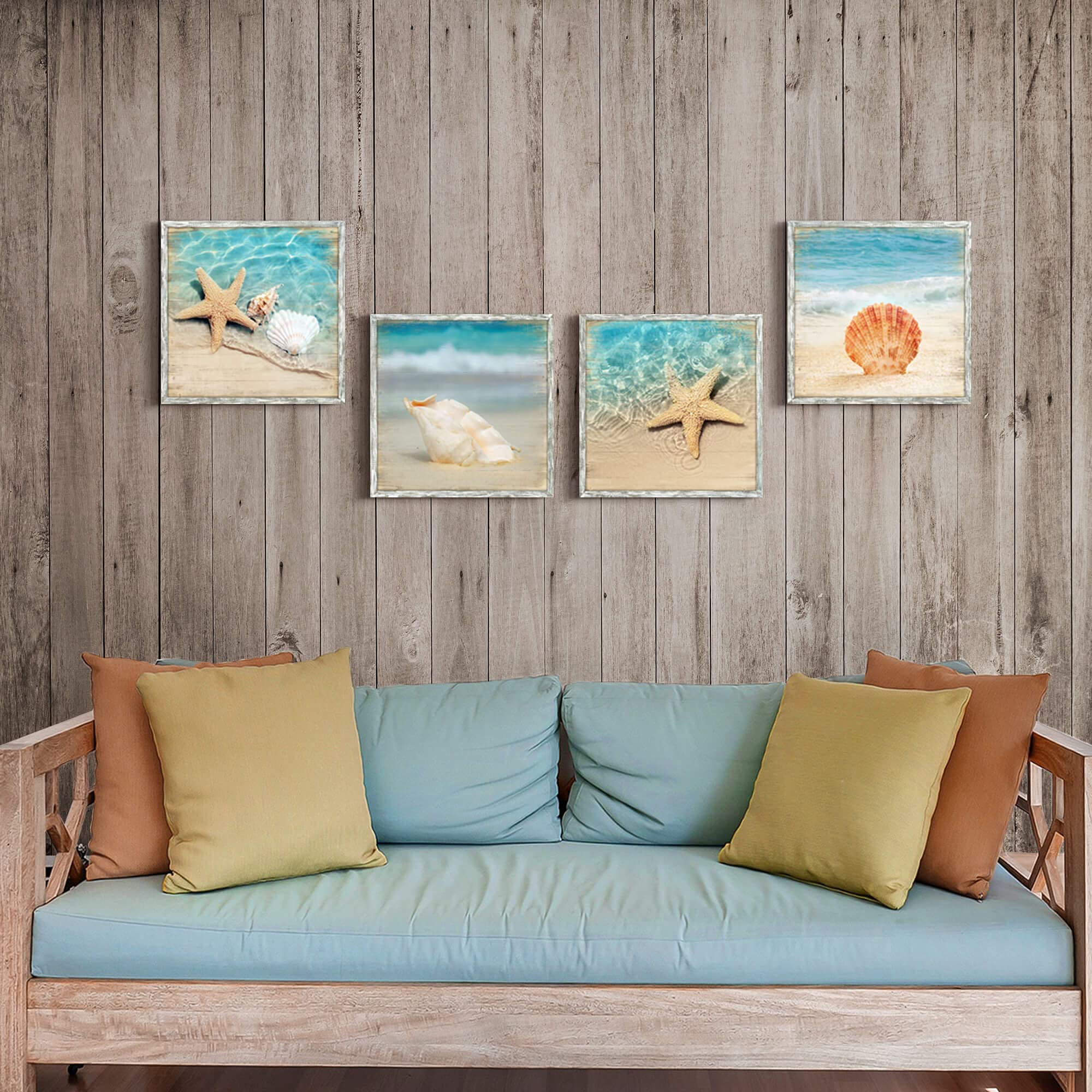Ocean Pictures Framed Wall Art - Set of 4 Beach Decor Prints with Seashell & Starfish on Wood, Coastal Seascape Wall Decor for Living Room, Bedroom & Office | Perfect for Beach House, Vacation Home & Coastal Theme Decor