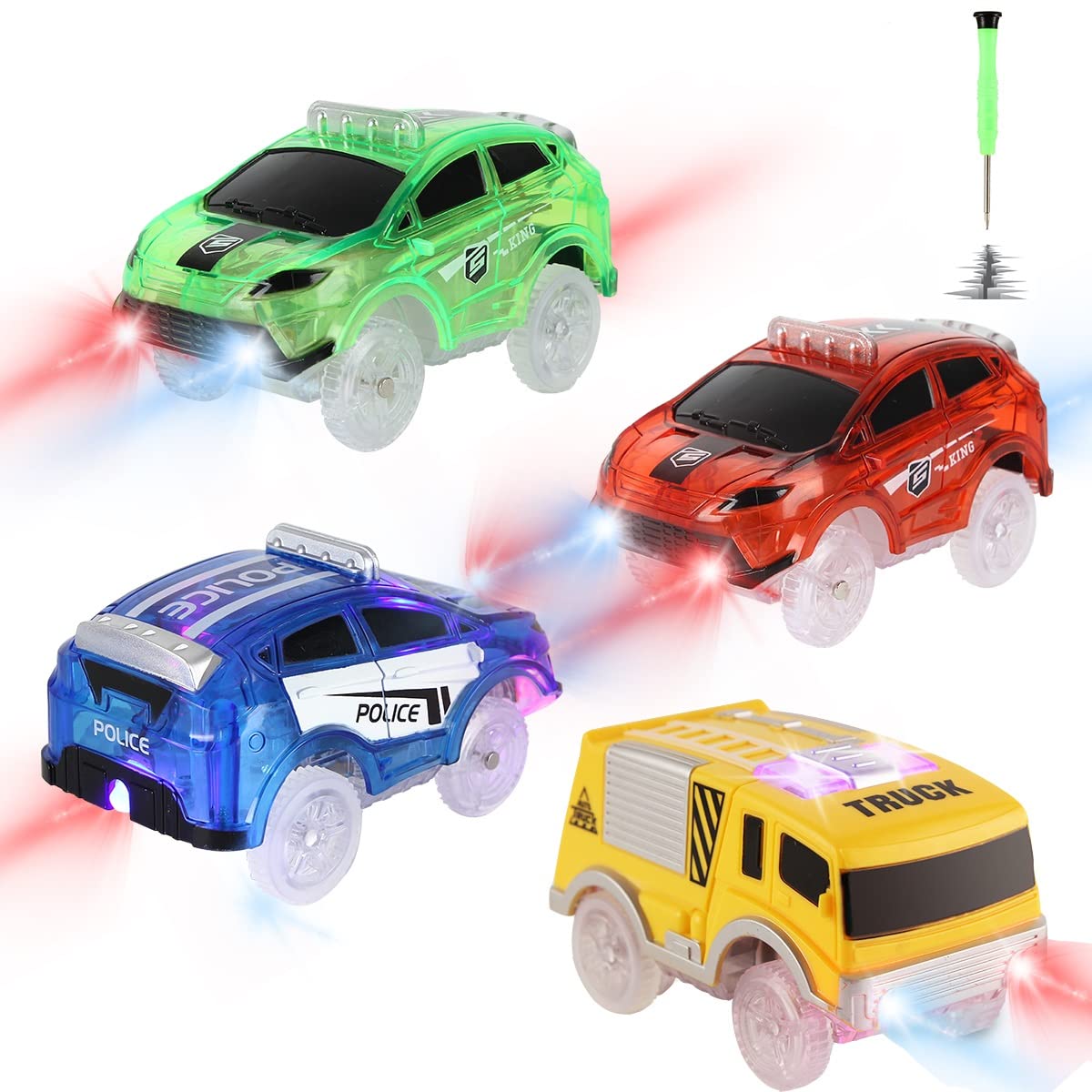 Magic Tracks Replacement Cars – Glow in the Dark Flex Track Race Cars with LED Lights (Battery Operated) – 4-Pack Snap N Glow Trax Accessories for Kids – Compatible with Most Car Track Sets – Perfect for Nighttime Racing & Indoor Play
