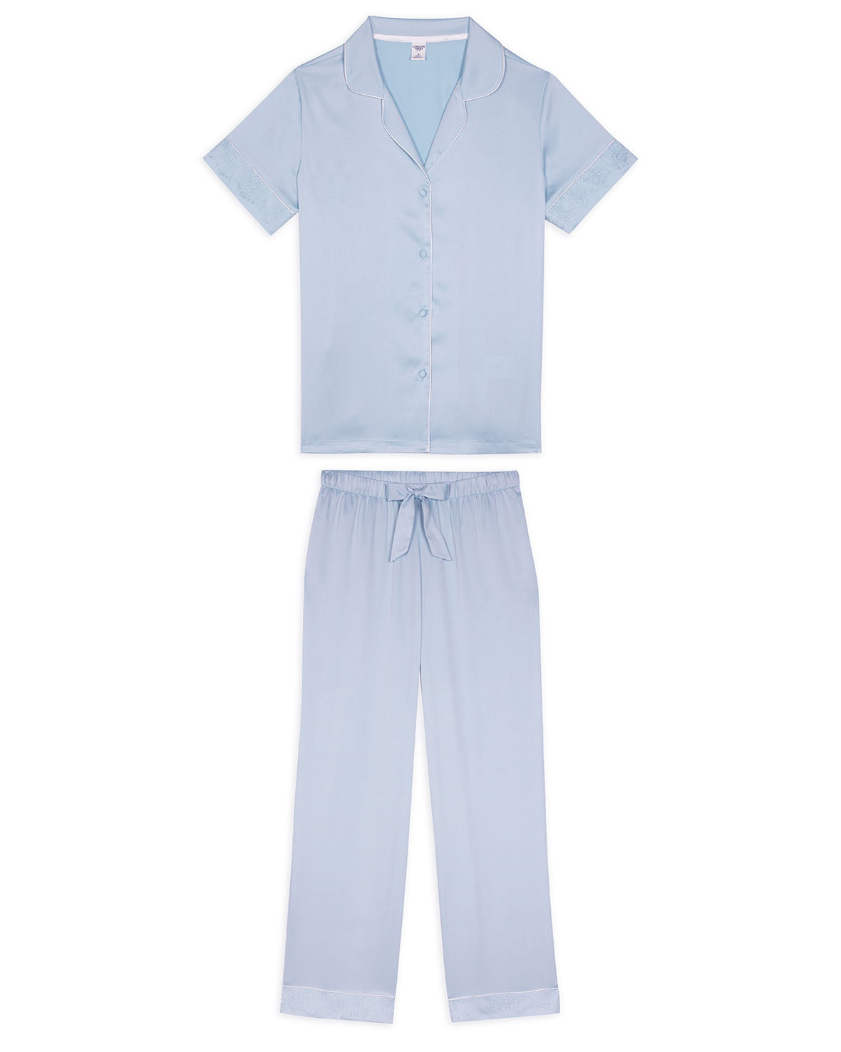 Satin Lace Trim Short Sleeve Long Pajama Set for Women - Soft Sleepwear Nightwear in Cornflower Blue - Perfect for Relaxing at Home, Sleepovers & Cozy Nights