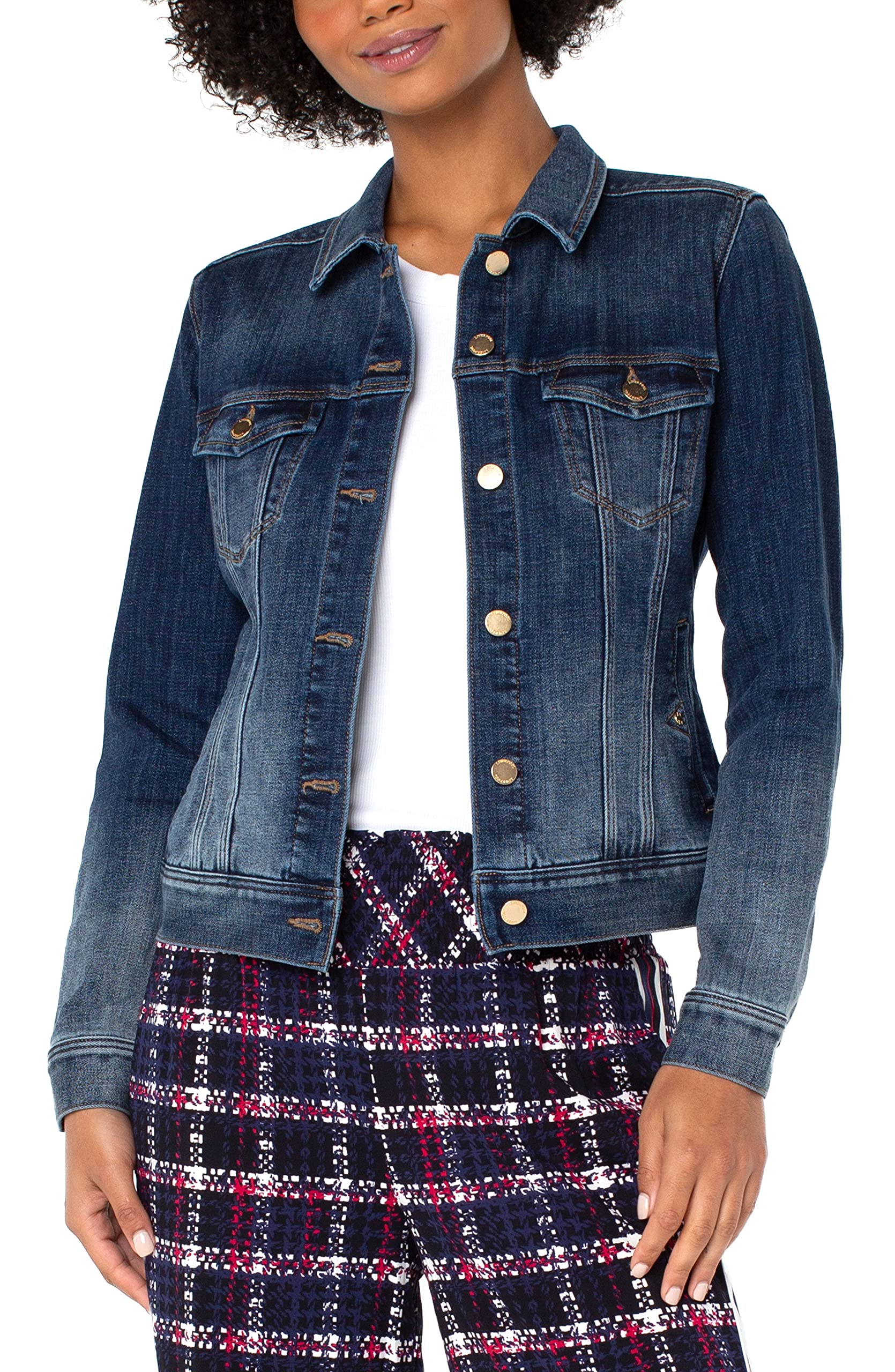 Liverpool Women's Classic Button Front Stretch Denim Jacket - Vintage Style Denim Jacket for Women, Comfortable & Stylish - Perfect for Casual Outfits, Layering, and Everyday Wear