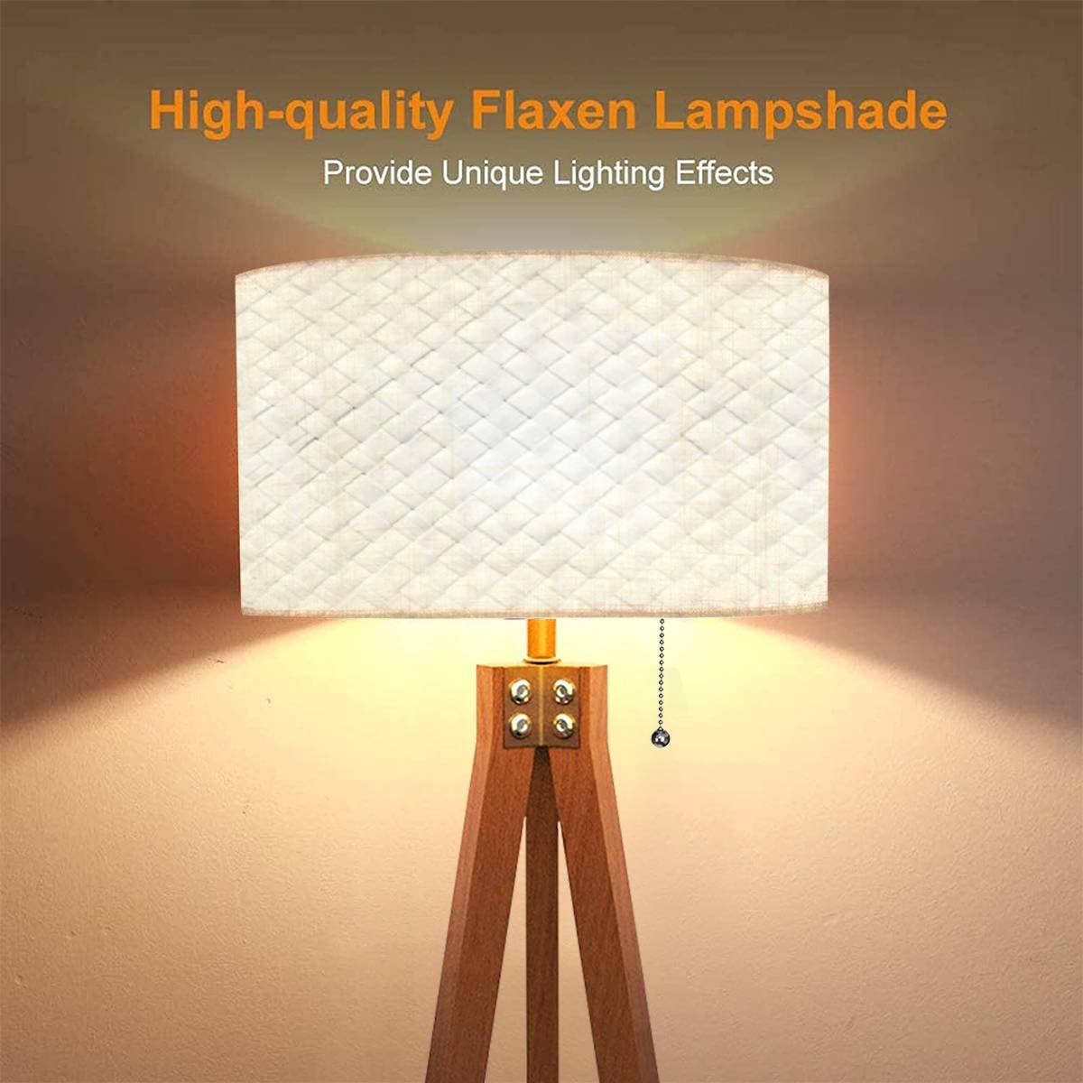 Modern Wood Tripod Floor Lamp with Dimmable Linen Lampshade - Mid Century Standing Lamp for Living Room & Bedroom - Perfect for Cozy Reading Nooks and Ambient Lighting