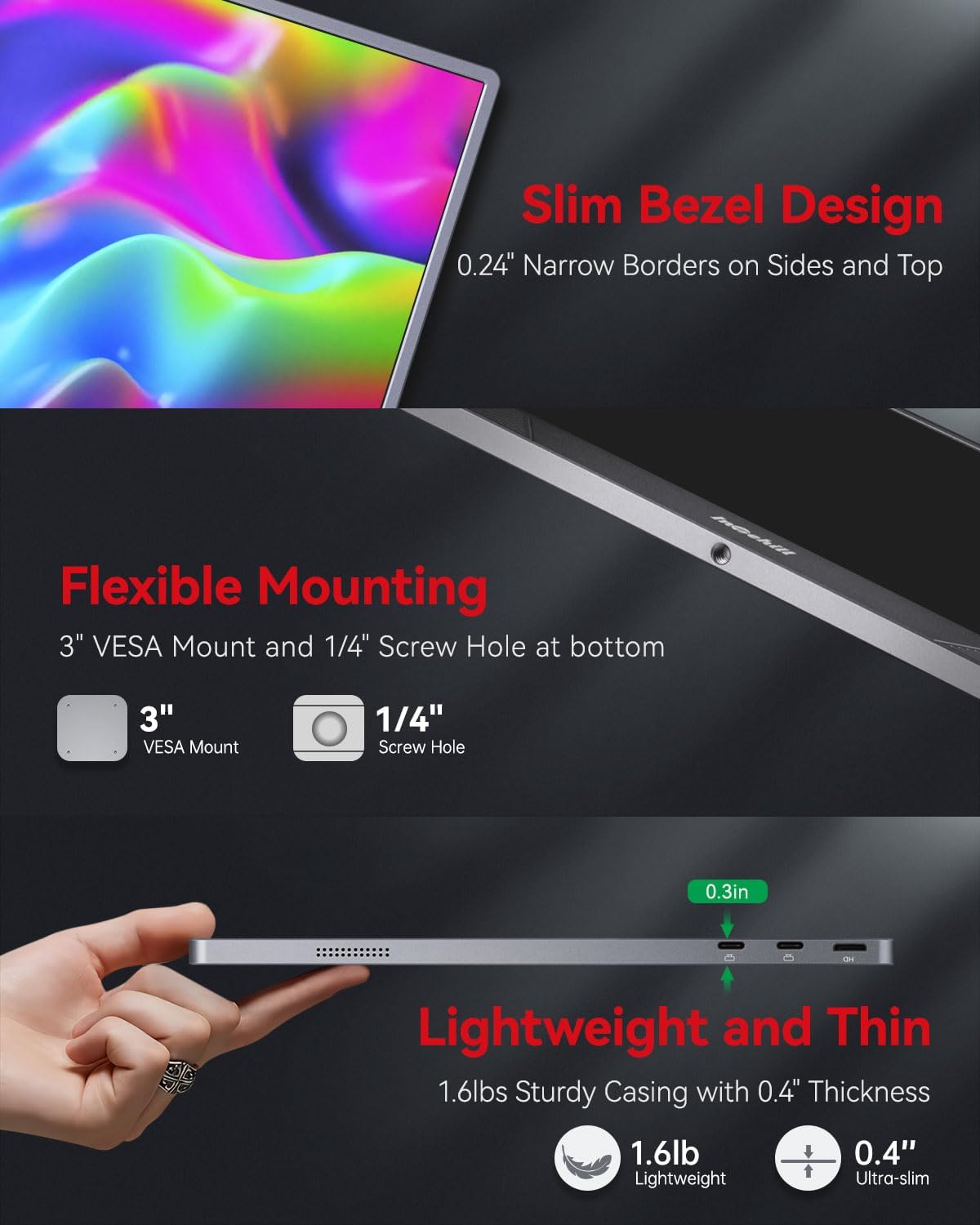 4K Portable Monitor 15.6 Inch - A+ Grade Ultra HD 3840x2160 USB-C & HDMI Laptop Screen - HDR Gaming Monitor with Built-in Speakers for Travel, Office & Home Entertainment