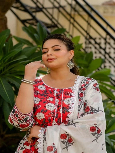 Plus Size Red & White Floral Printed Cotton Salwar Suit for Women | Comfortable Indian Ethnic Outfit for Festivals, Weddings & Special Occasions