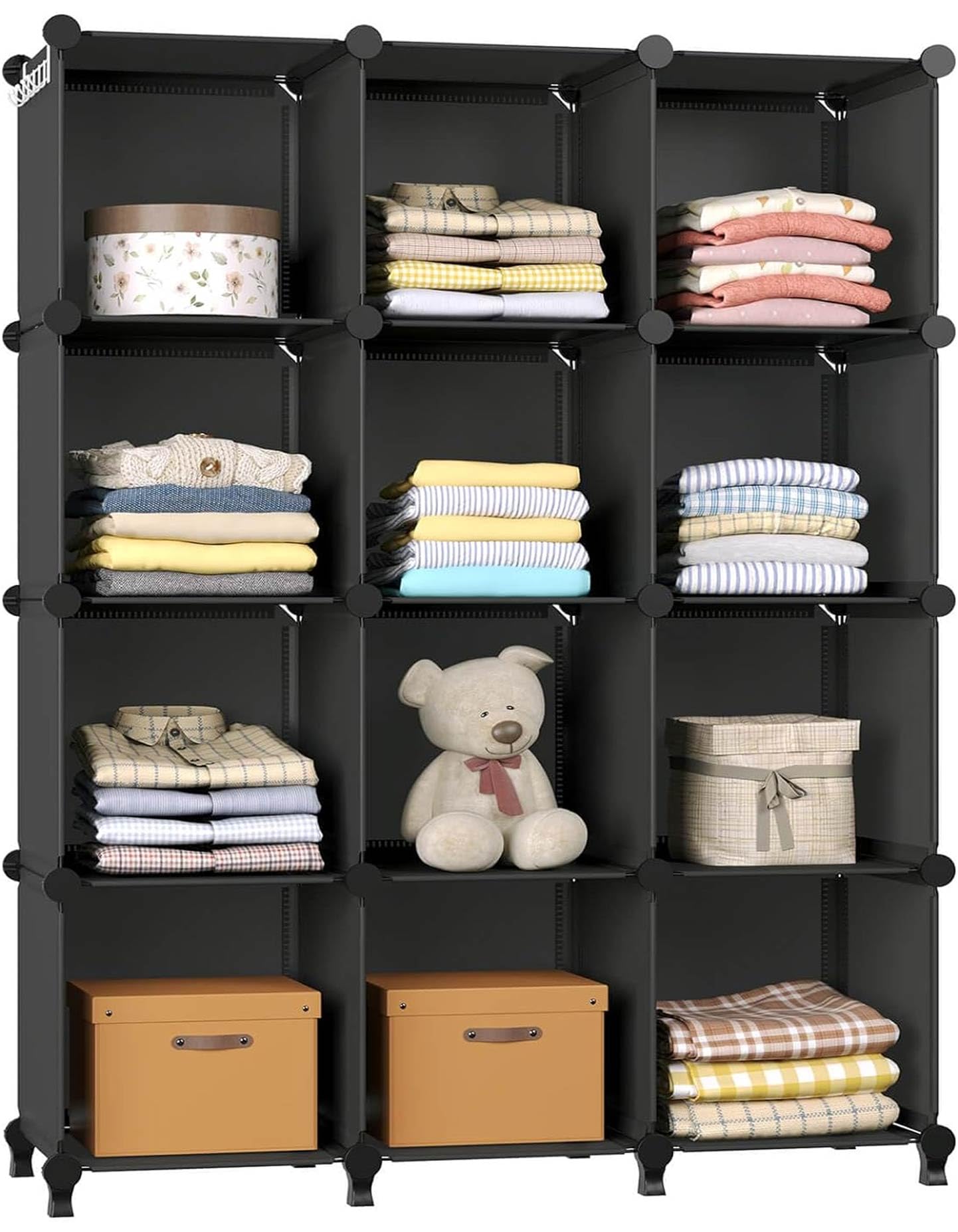 GREENSTELL 12-Cube Closet Organizer & Storage Shelf - 11.8x11.8x11.8 Inch Portable Clothing Storage for Kids, Bedroom, Office - Black | Space-Saving Wardrobe Solution for Small Rooms & Apartments