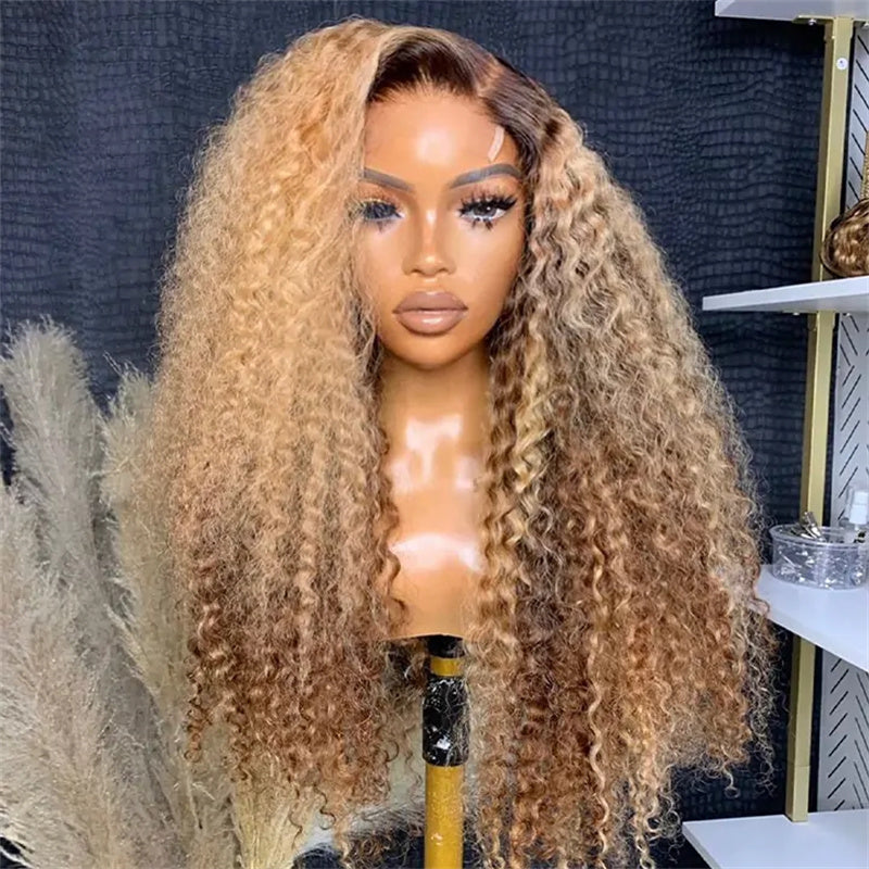 Eullair Ombre Honey Blonde Kinky Curly Lace Frontal Wig - Glueless Human Hair Lace Wig with Highlights for Women | Perfect for Daily Wear, Parties & Special Occasions