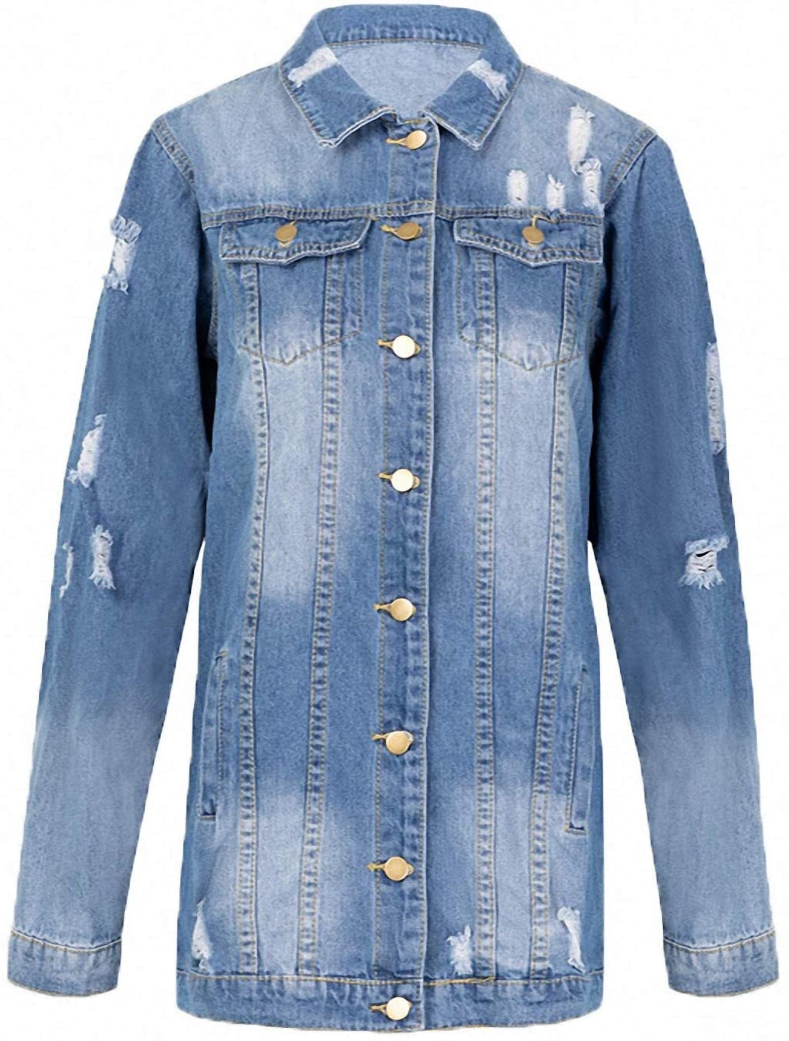 Vintage Women's Denim Jacket with Distressed Holes, Long Sleeve Loose Fit Jean Coat for Spring & Autumn | Casual Outfits, Streetwear, Layering
