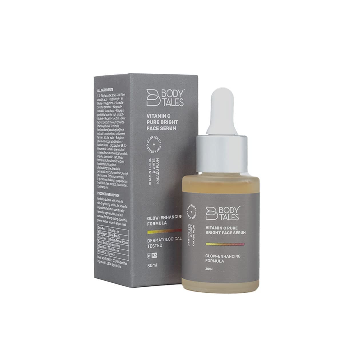 BODYTALES Vitamin C Pure Bright Face Serum with Glutathione - Skin Brightening, Dark Spot Corrector & Sun Damage Protection - Paraben-Free, Clean Beauty Formula (30ml) for Radiant, Even-Toned Skin | Perfect for Daily Skincare Routine & Anti-Aging Regimen