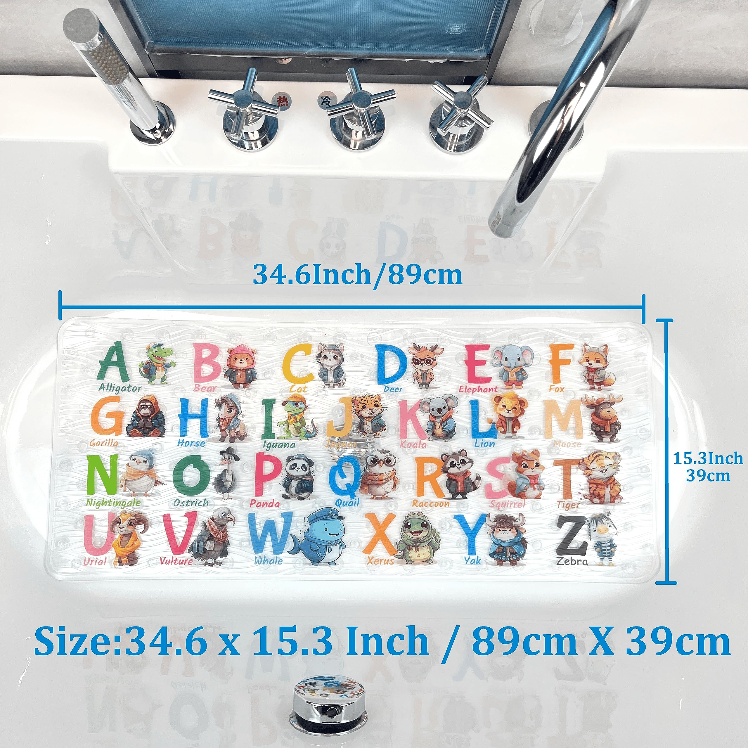 Non-Slip Cartoon Kids Bath Mat - Extra Large 35x16 Inch Anti-Slip Shower Mat for Bathtub & Bathroom Floor - Fun Animal Design for Safe Bath Time (Perfect for Toddlers & Kids Bathroom Safety)