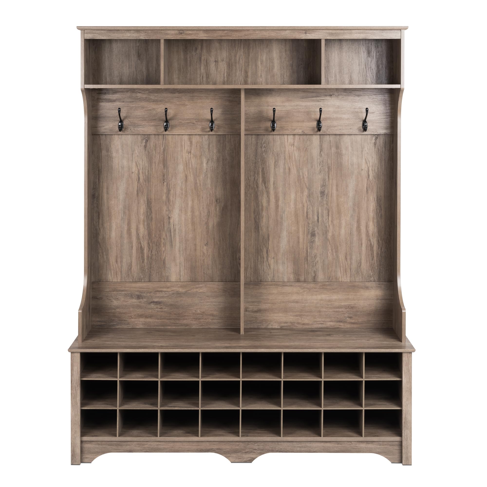 Prepac Gray Hall Tree Entryway Storage Cabinet - 24 Shoe Cubbies & 6 Double Coat Hooks - 15.5
