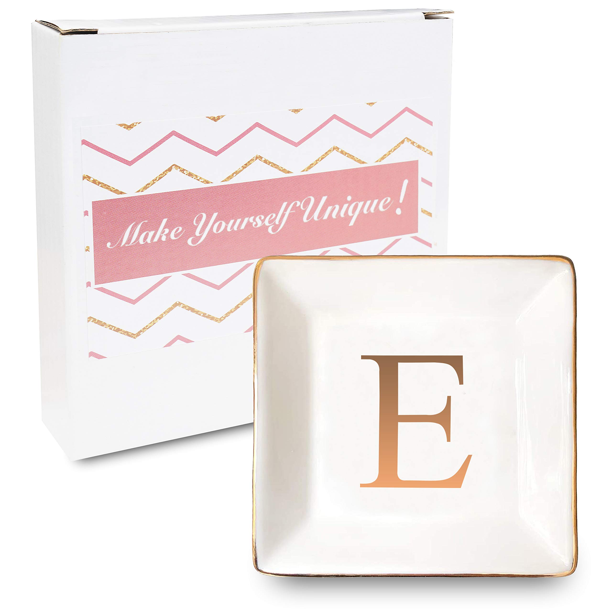 Personalized Ceramic Jewelry Tray with Gold Initials - Engraved Ring Dish, Trinket Bowl & Key Holder - Unique Wedding, Engagement Gift for Bridesmaids - Perfect for Dresser Organizer, Gift Giving & Home Decor