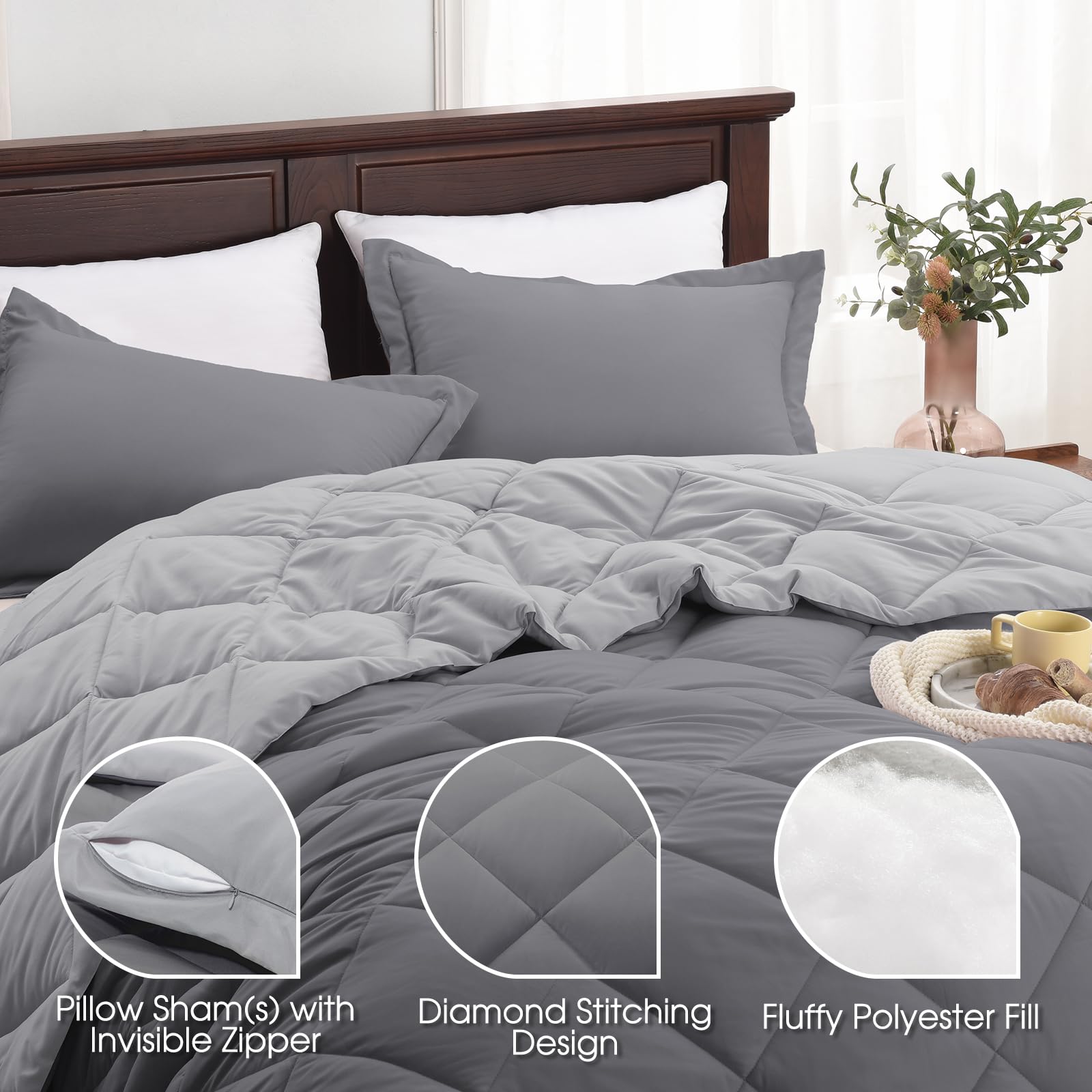 Premium King Size Comforter Set - All Seasons Reversible Grey & Charcoal Gray Bedding, 1 Comforter (104