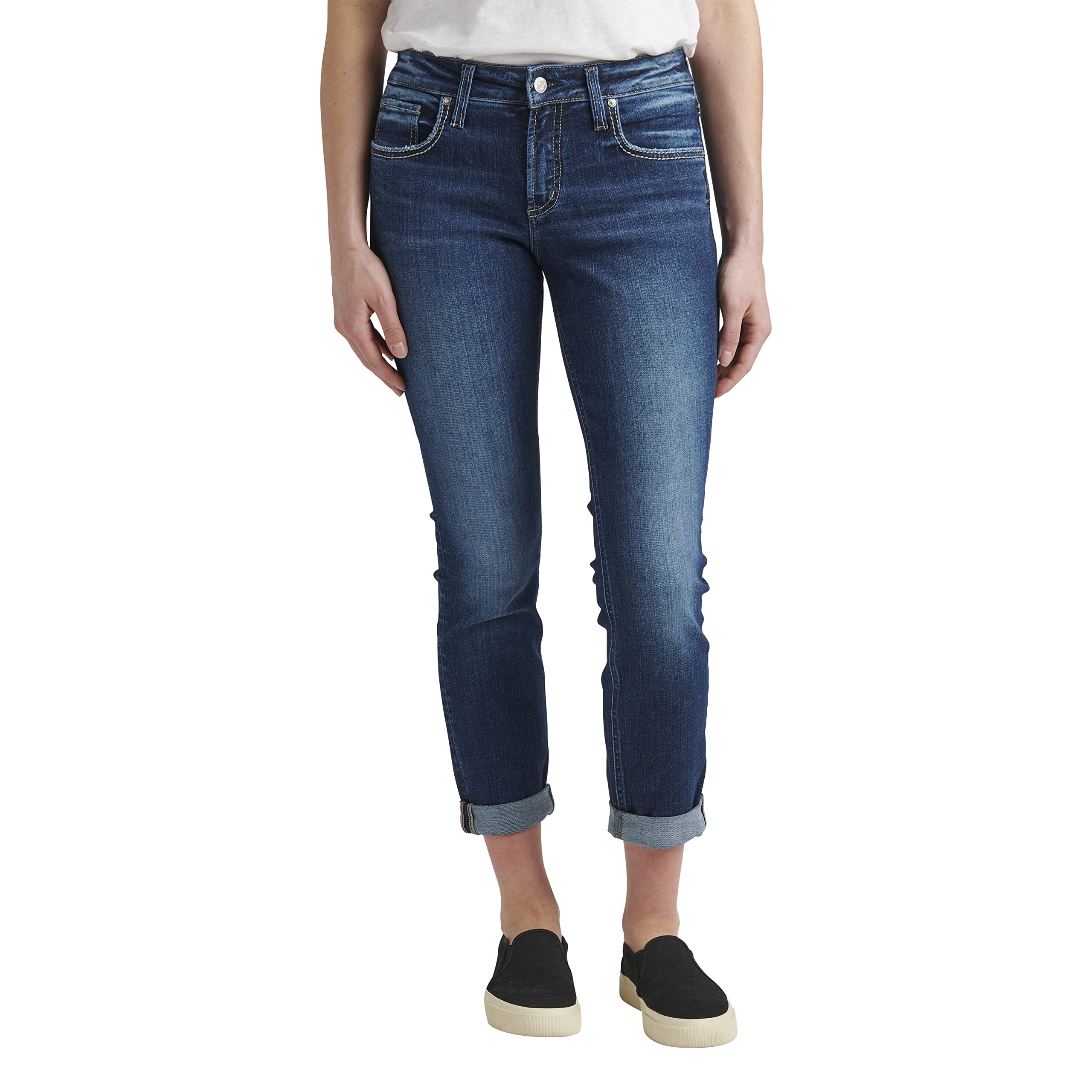 Silver Jeans Co. Women's Boyfriend Mid Rise Slim Leg Jeans - Comfortable Stretch Denim Pants for Casual Wear & Everyday Outfits