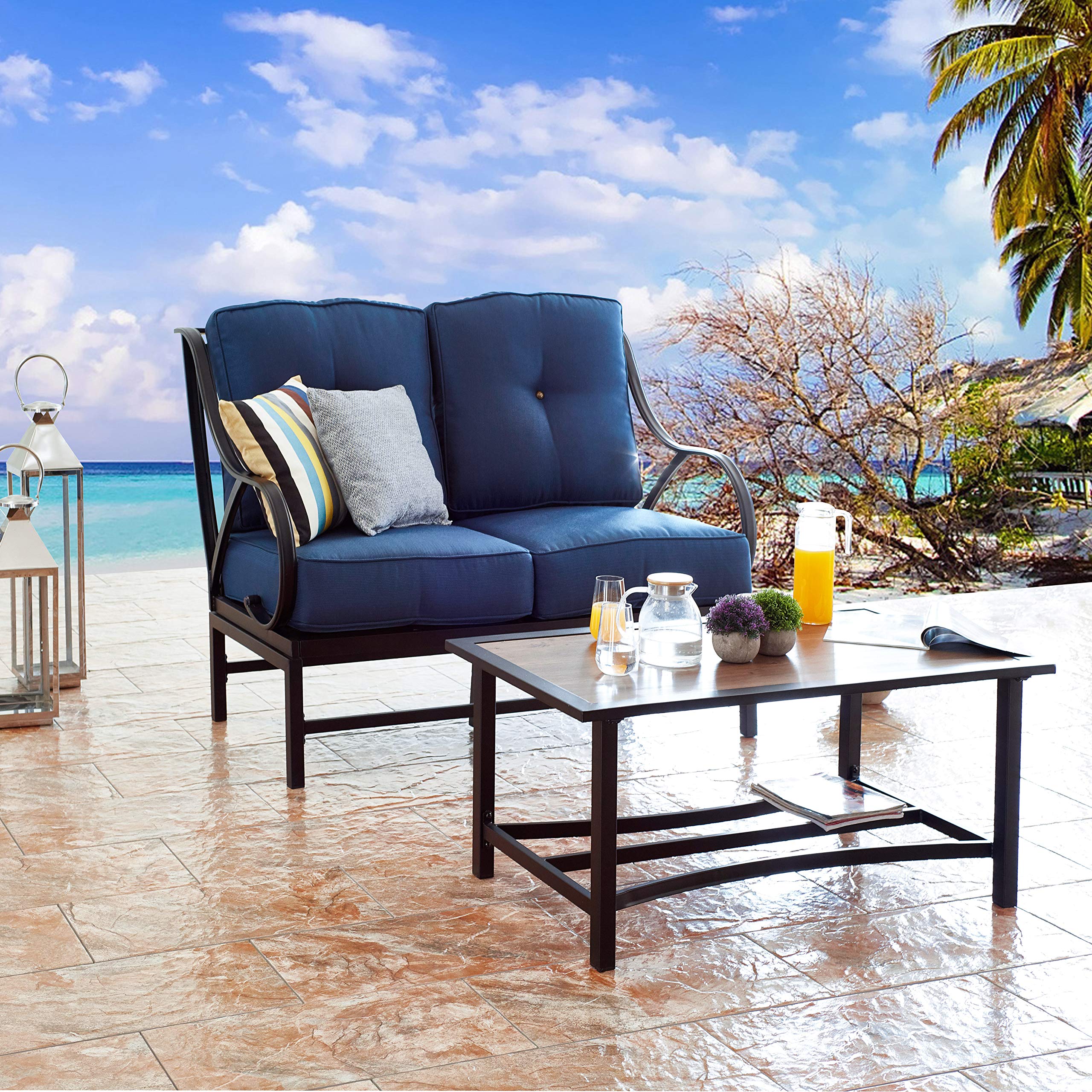 Modern Outdoor Loveseat Set with Coffee Table - 2-Piece Patio Furniture with Cushions, Metal Frame & Aluminum-Plastic Table - Perfect for Front Porch, Garden, Poolside & Backyard Relaxation (Blue)