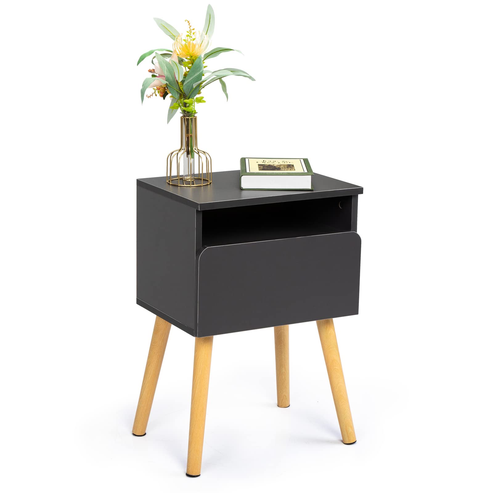 Modern Grey Wood Nightstand with Drawer & Open Shelf - Solid Wood End Table for Bedroom, Living Room & Sofa Side | Perfect for Small Spaces, Apartment Decor & Guest Room Furniture