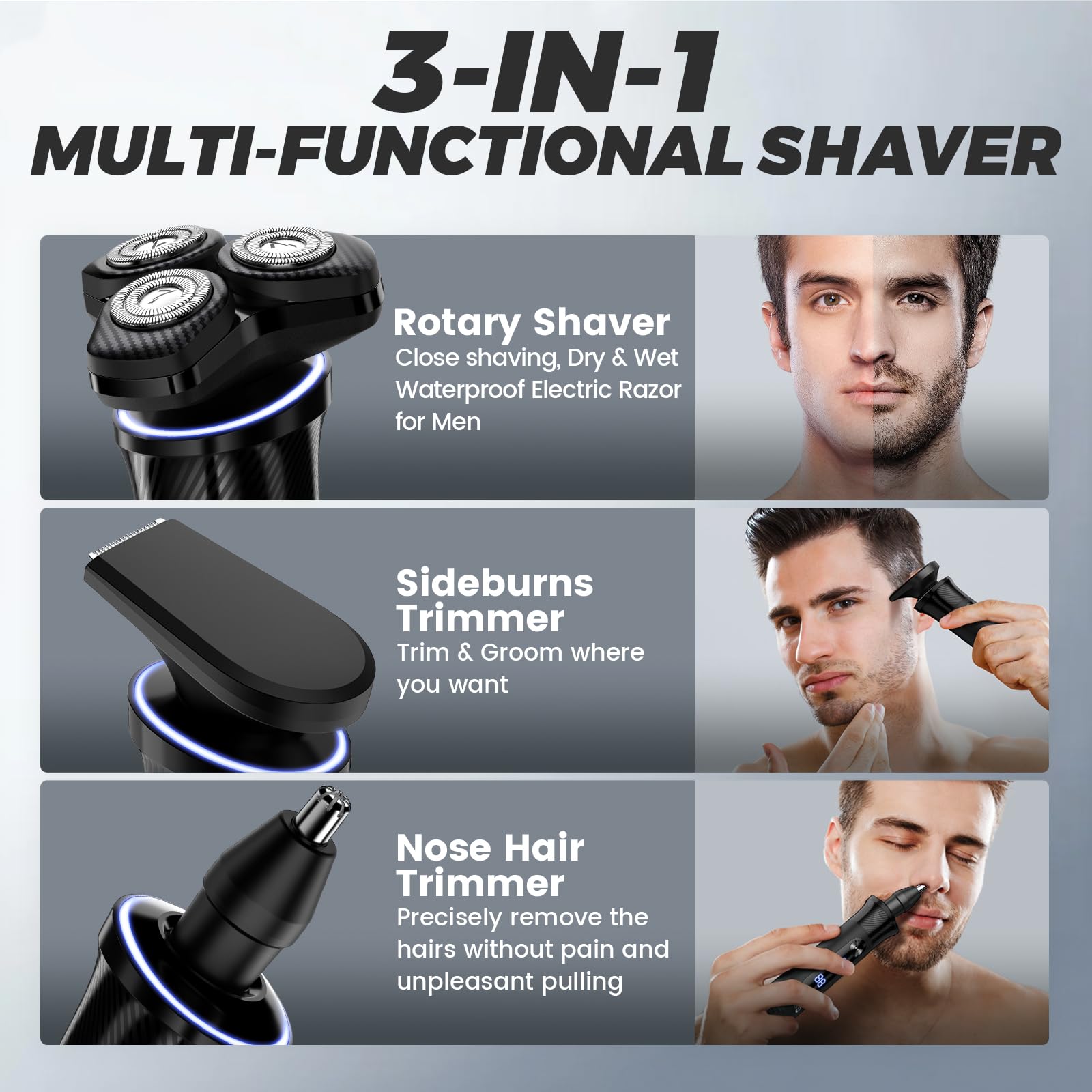 Premium Electric Razor for Men - Cordless Rechargeable Shaver with Nose & Sideburns Trimmer, IPX7 Waterproof Wet/Dry Shaving - Perfect for Travel, Home Use & Gifts for Dad, Husband, Boyfriend