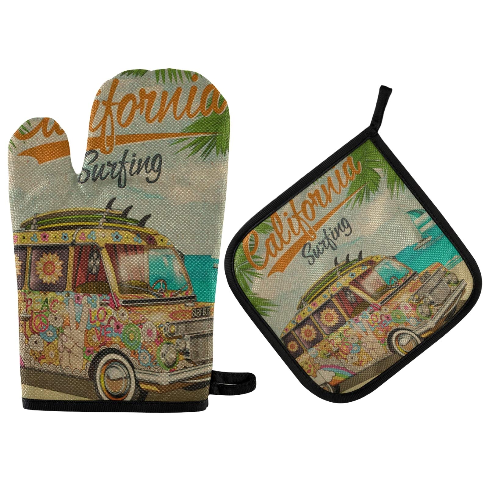 Vintage Camper Bus Hippie Peace Sign & Palm Trees California Surf Oven Mitts and Pot Holders Set - Heat Resistant Kitchen Gloves for Cooking, Baking, Grilling - Perfect for Beach House, RV Camping & Retro Kitchen Decor
