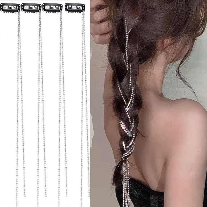 4 PCS Rhinestone Hair Chains - Crystal Hair Extensions for Women & Girls - Bling Punk Tassel Hair Clips - 20 Inch Strand Hair Accessories for Parties, Weddings & Festivals