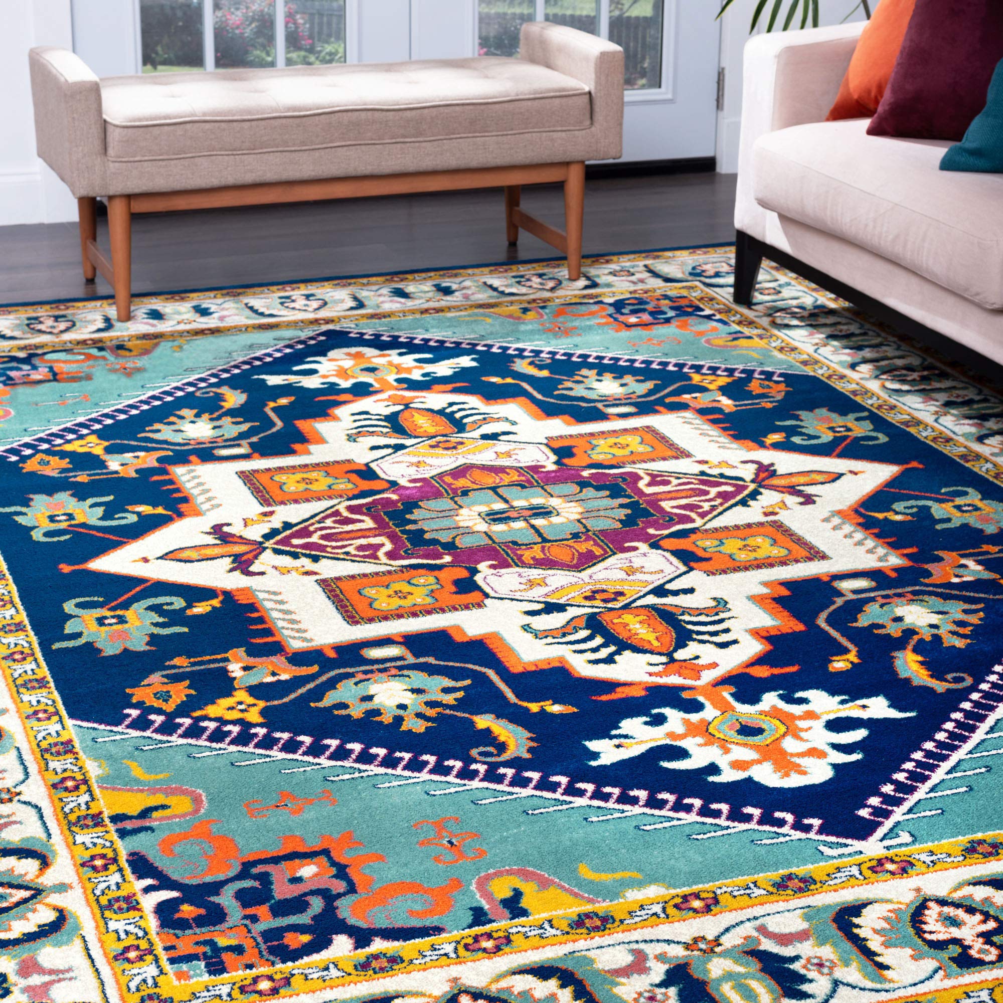 Gaya Aqua 9x12 Rectangle Bohemian Area Rug - Non-Slip Oriental Design for Living Room, Bedroom, Dining Room | Perfect for Boho Decor, Home Staging & Cozy Spaces