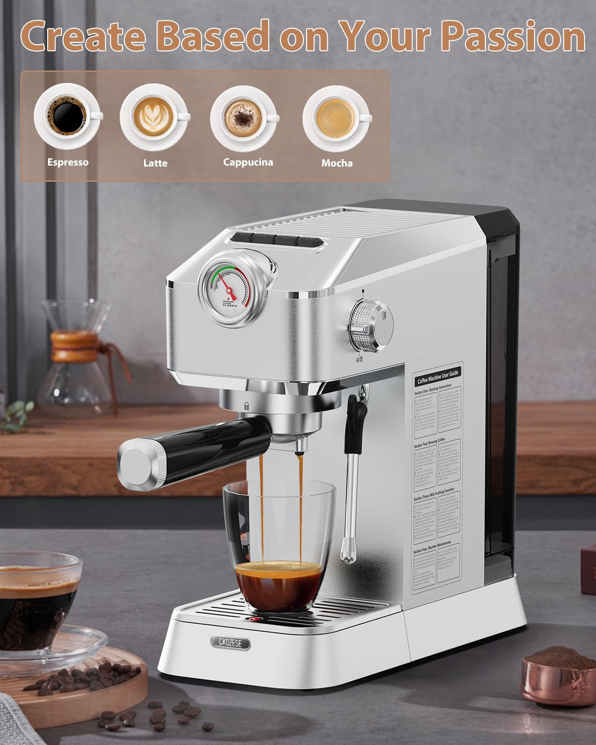 20 Bar ULKA Espresso Machine with NTC Temperature Control - Stainless Steel Coffee Maker for Cappuccino, Latte & Espresso - Includes Milk Frother Steam Wand & 42oz Detachable Water Tank - Perfect for Home Baristas & Coffee Lovers (Silver)