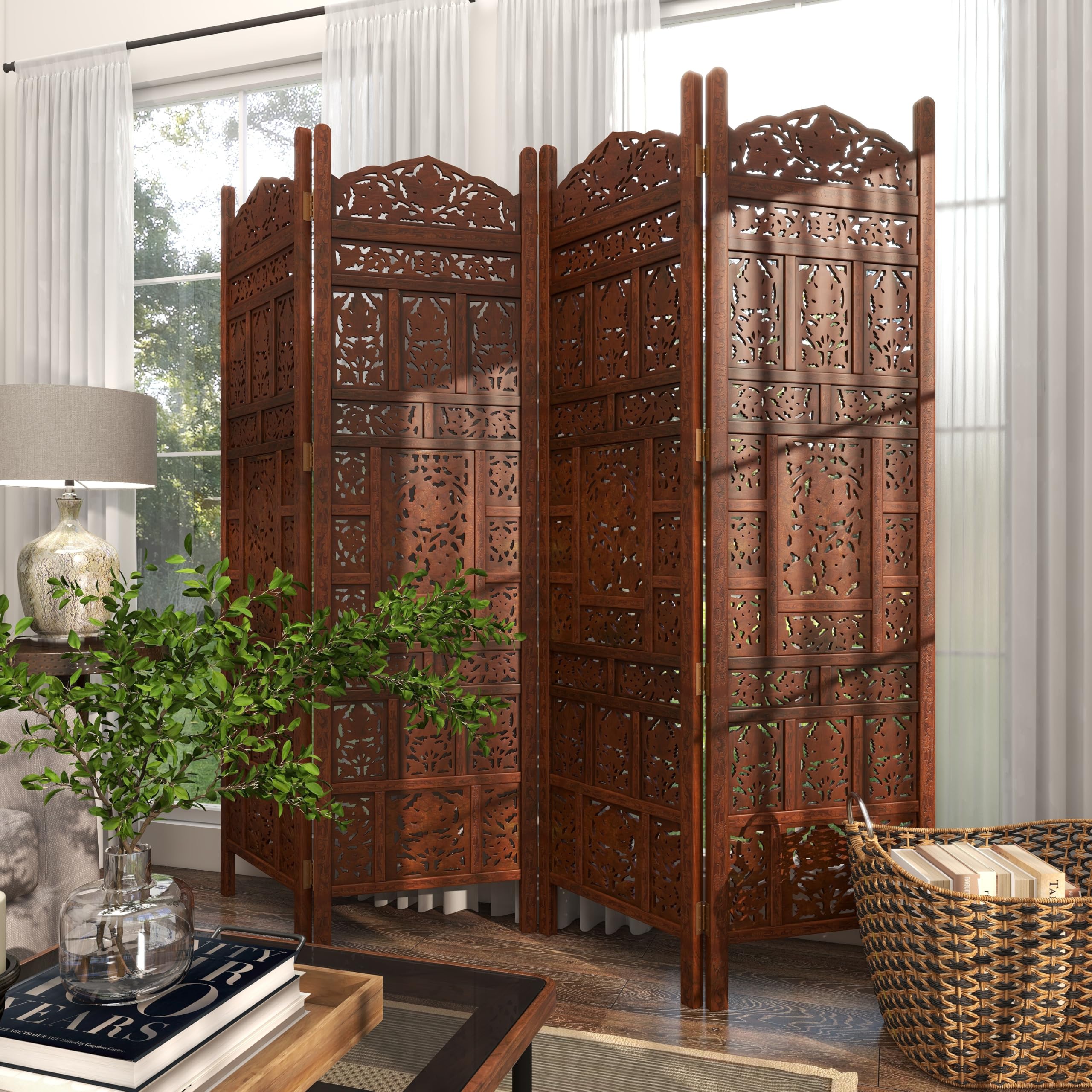 Handmade Wooden Floral Room Divider Screen - 4 Panel Foldable Privacy Partition 80