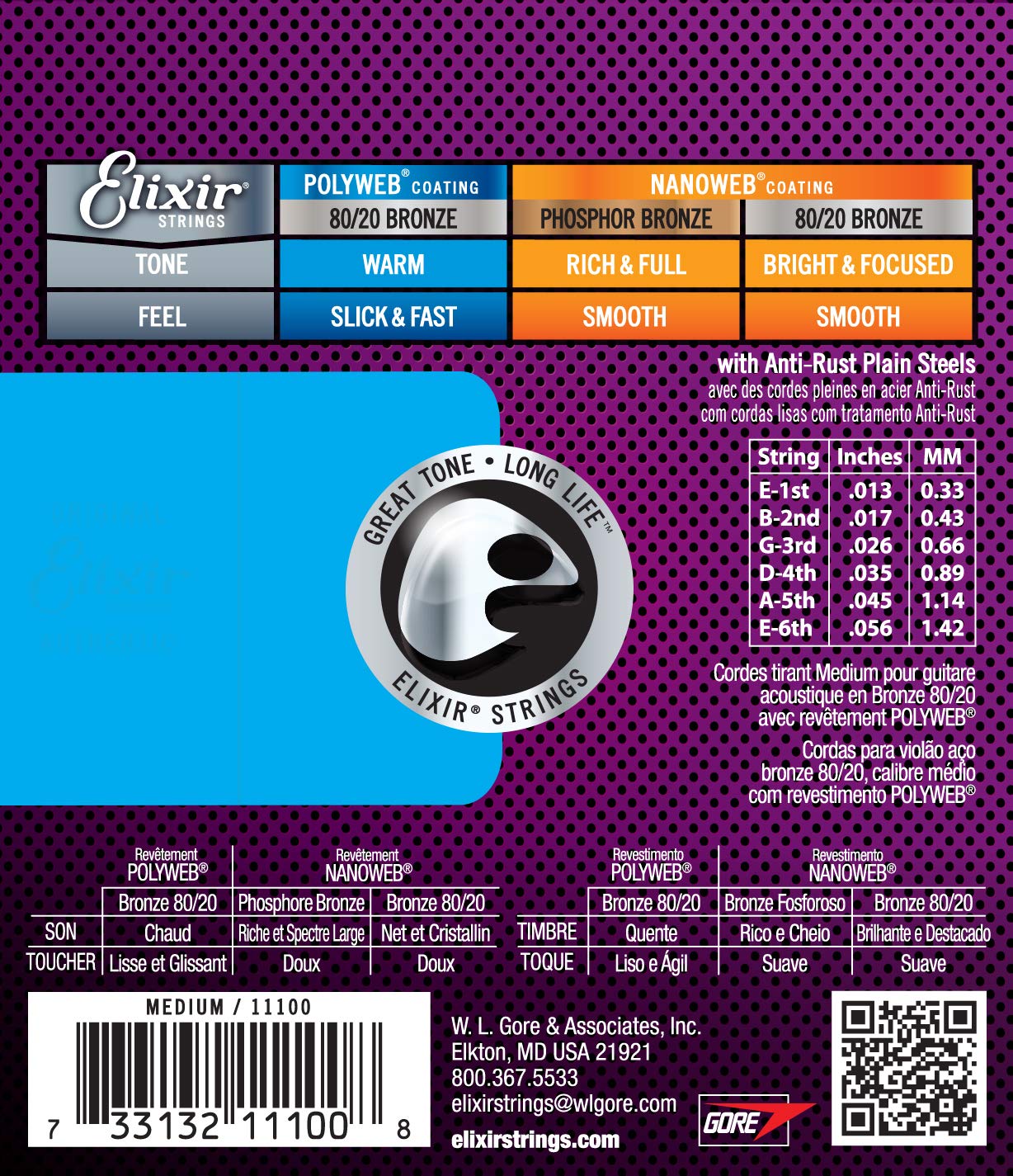Elixir Acoustic Guitar Strings 80/20 Bronze with POLYWEB Coating - 6 String Set, Medium 13-56 - Long-Lasting Warm Tone & Comfortable Feel - Perfect for Folk, Country & Fingerstyle Playing