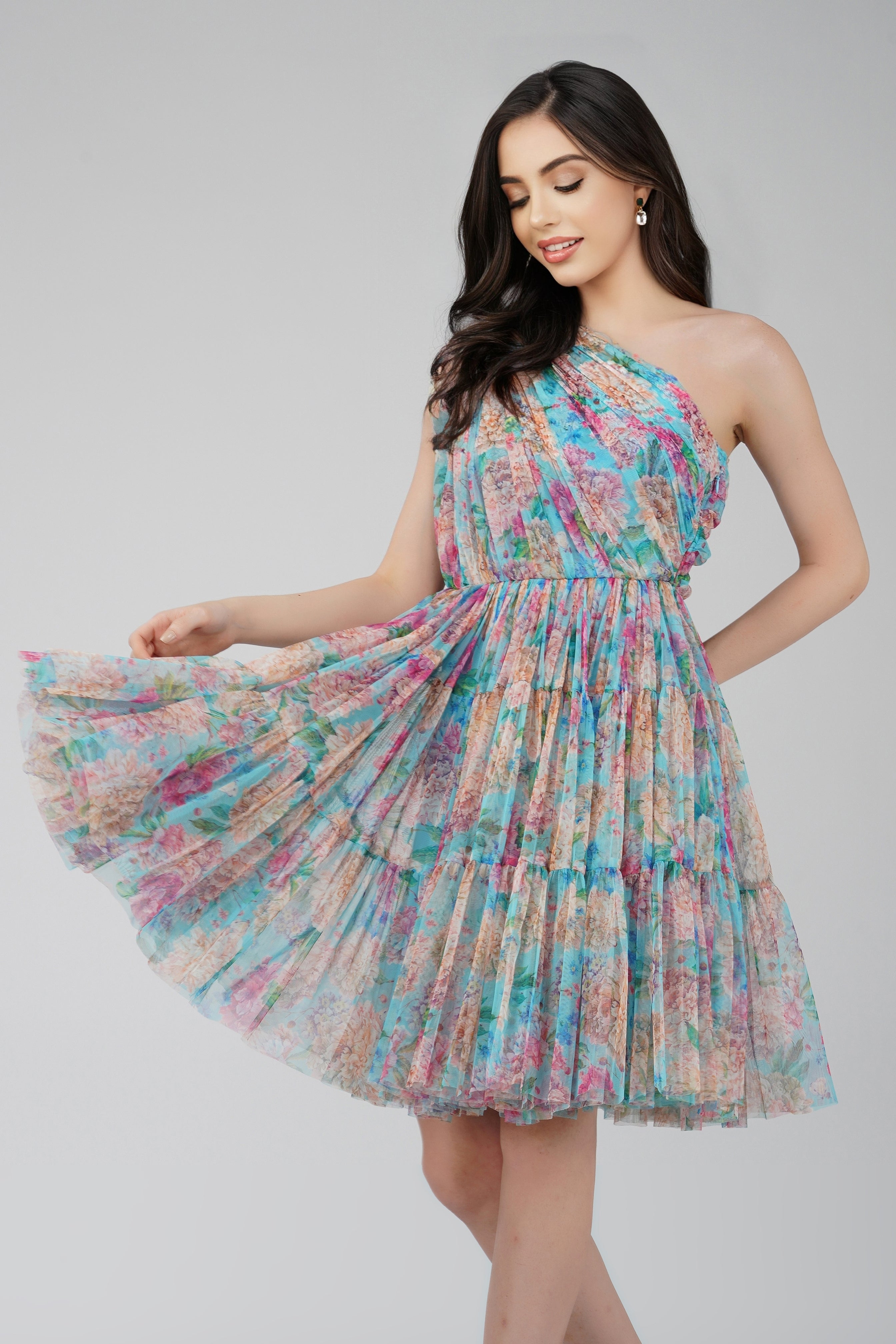 Roka Floral One Shoulder Mini Dress - Blue Summer Party Dress for Women, Perfect for Beach Vacations, Cocktail Parties & Date Nights