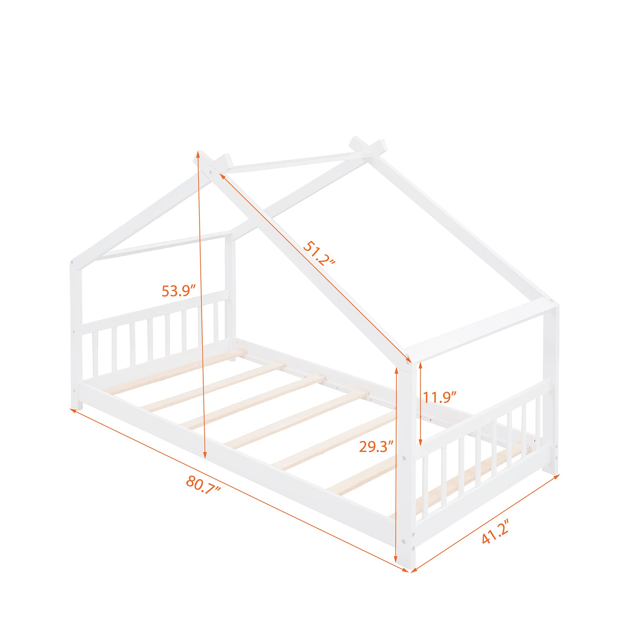 Twin Size Kids House Bed Frame with Headboard & Footboard - White Tent Floor Bed for Children's Room Decor & Playhouse Fun