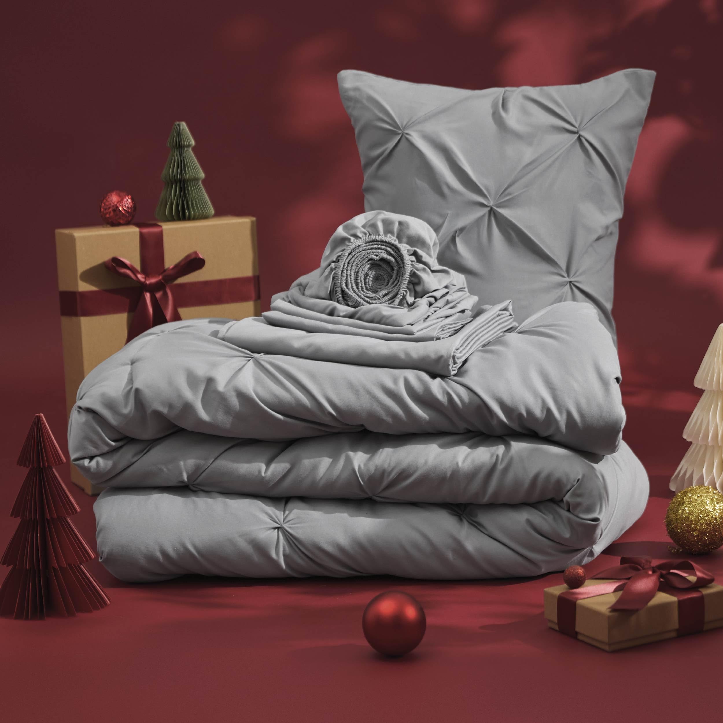 Bedsure King Size Comforter Set - 7 Piece Pintuck Bedding Set with Comforter, Sheets, Pillowcases & Shams in Grey | Luxury Bed in a Bag for Master Bedroom & Guest Room Decor