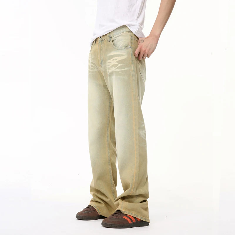 American Design Men's Denim Pants - Casual Distressed Contrast Color Straight Leg Jeans for Summer | Wide Bottom Comfort Fit (Style 9C6504) | Perfect for Streetwear, Casual Outings & Everyday Wear
