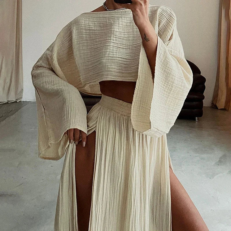 Stylish Women's Linen 2-Piece Set - Crop Top & High Waist Slit Maxi Skirt | Summer Beach Cover Up, Lounge Wear & Vacation Outfit | Breathable Linen Fabric for Casual, Boho & Date Night Looks