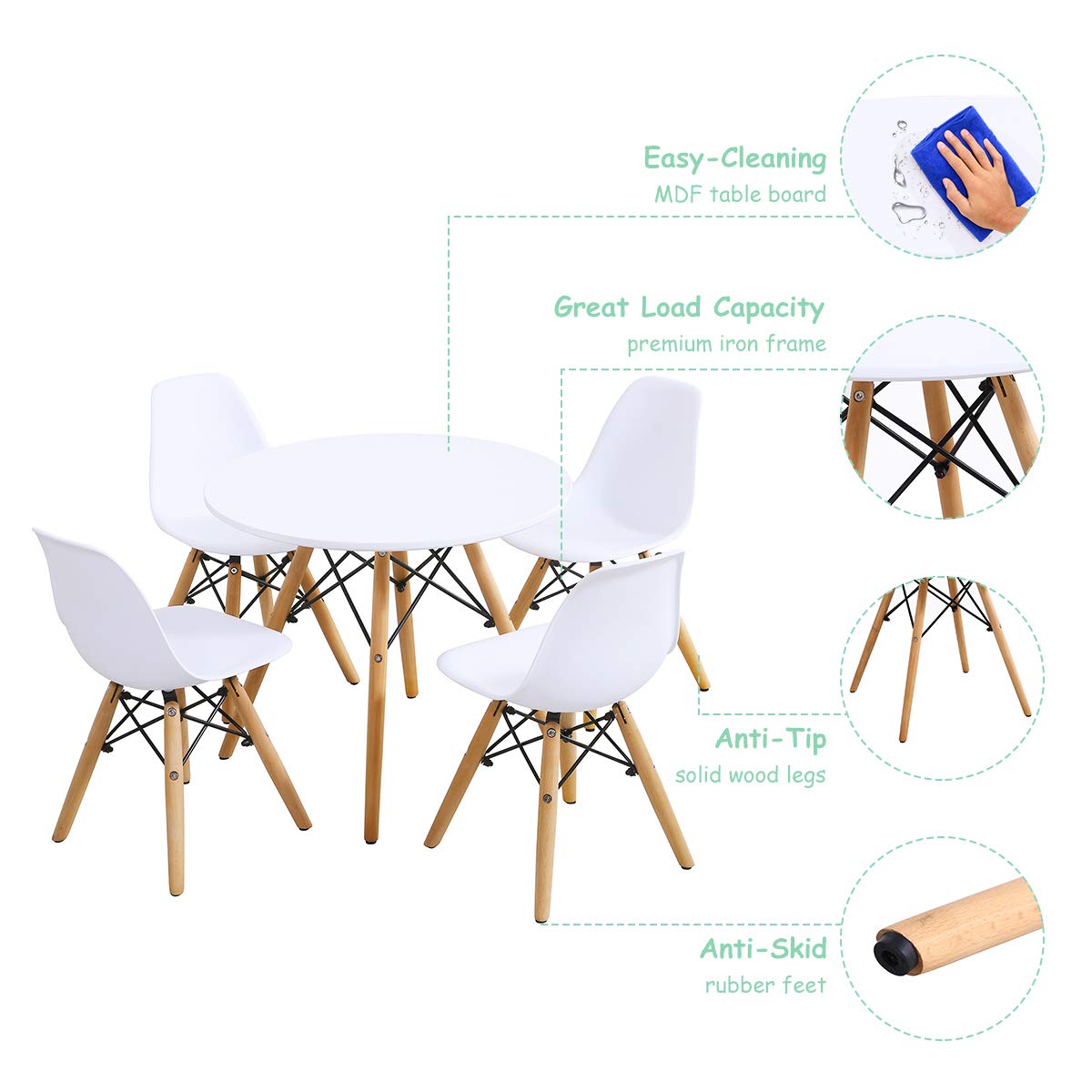 Costzon 5-Piece Kids Table and Chair Set - Mid-Century Modern Style Wooden Legs & Iron Frame Toddler Desk for Dining, Drawing, Playing - High Weight Capacity (White) - Perfect for Preschool Learning, Playroom, and Children's Activities