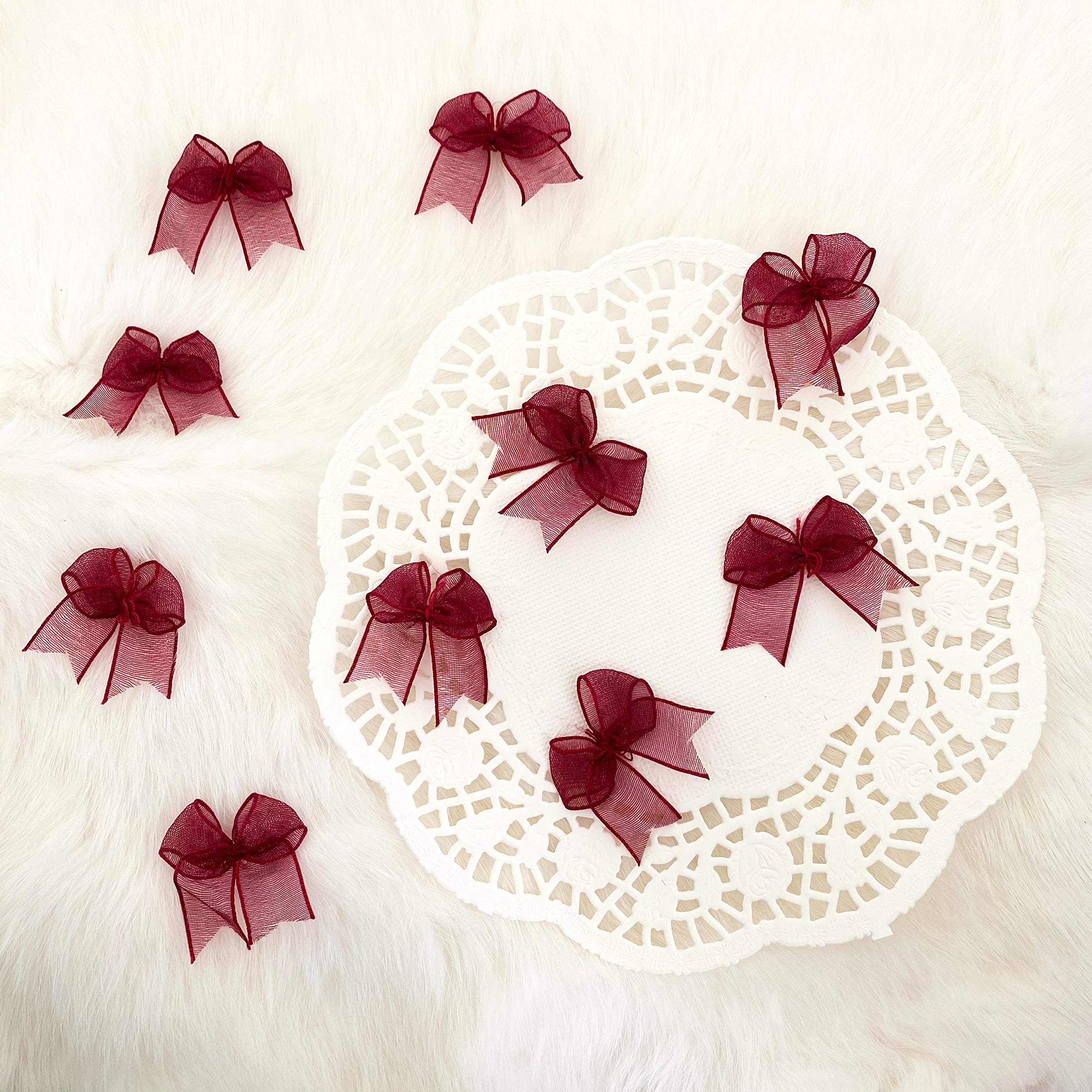 25-50pcs Burgundy Organza Bows | Dark Red Pre-Tied Ribbon Bows for Fabric Embellishment & Crafts | Perfect for Gift Wrapping, Wedding Decorations, Hair Accessories & DIY Projects