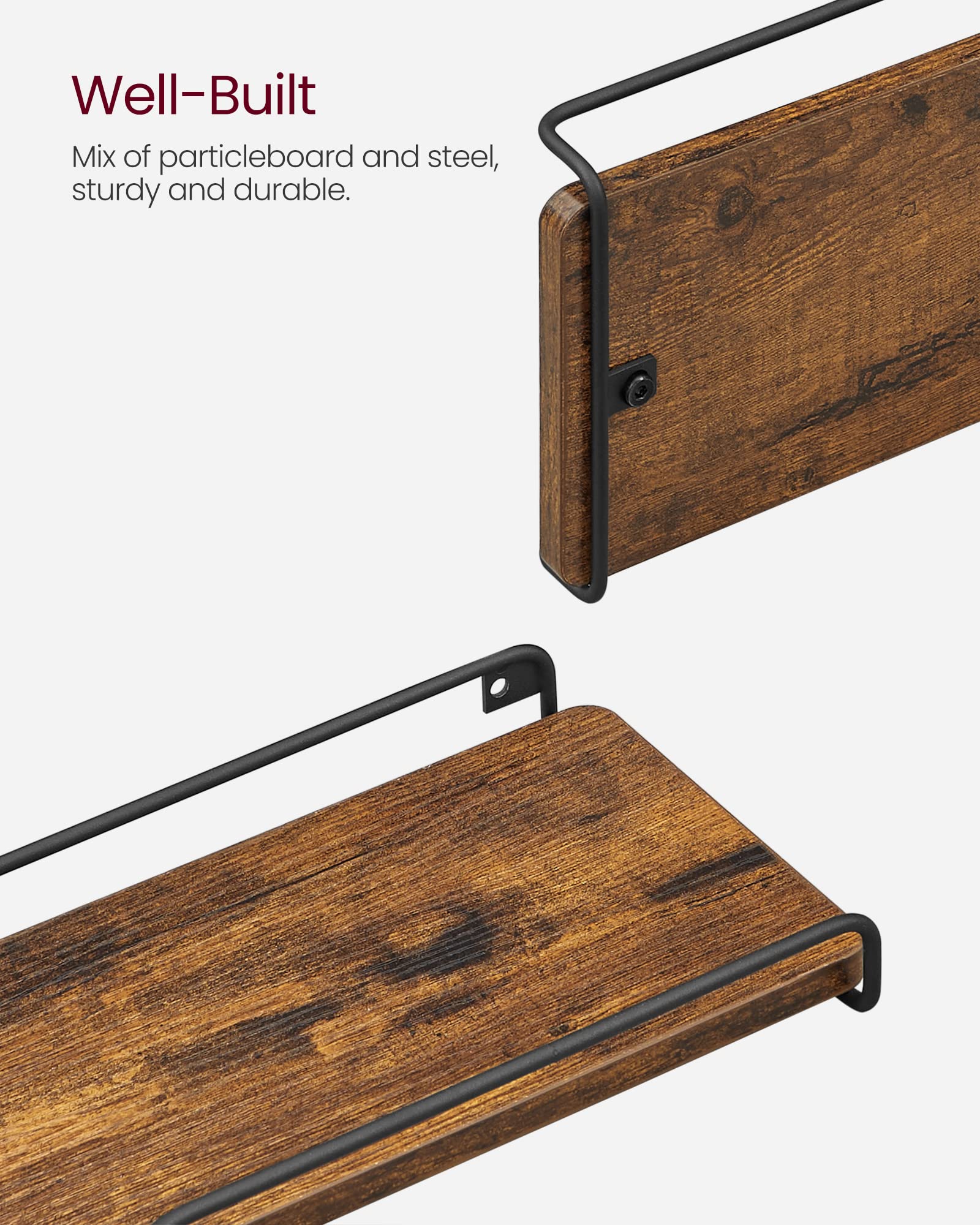 VASAGLE Set of 2 Corner Floating Shelves Wall Mounted - Rustic Brown & Black Wooden Storage Shelves for Living Room, Bedroom, Kitchen, Bathroom Decor | Perfect for Small Spaces, Displaying Photos, Plants & Home Organization ULLS831B01