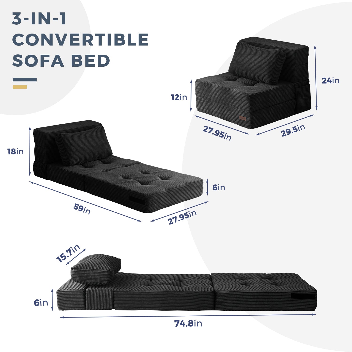 MAXYOYO 4-in-1 Convertible Sofa Bed Chair - Tufted Folding Floor Couch with Pillow, Black | Multi-Functional Furniture for Small Spaces, Guest Room, Dorm & Living Room | Perfect for Lounging, Sleeping & Extra Seating