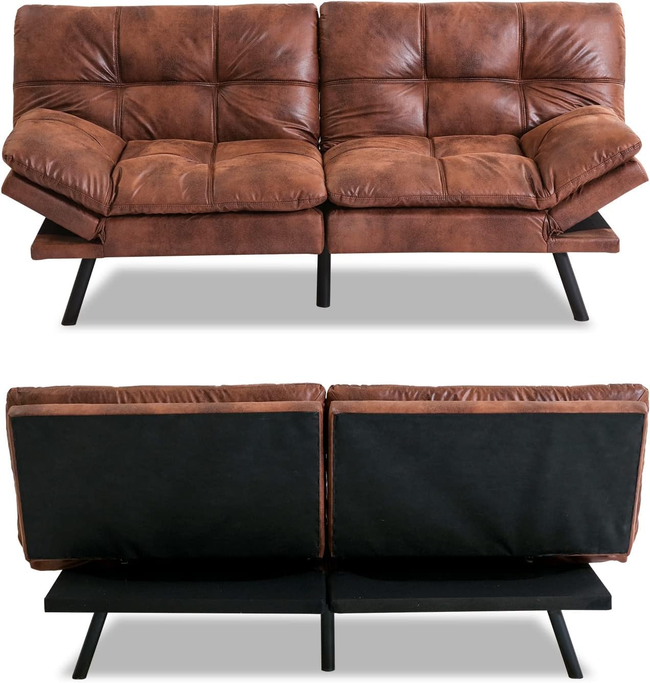 Hcore Leather Futon Couch - Foldable Loveseat Sofa Bed in Natural Brown for Small Spaces, Guest Room & Apartment Living