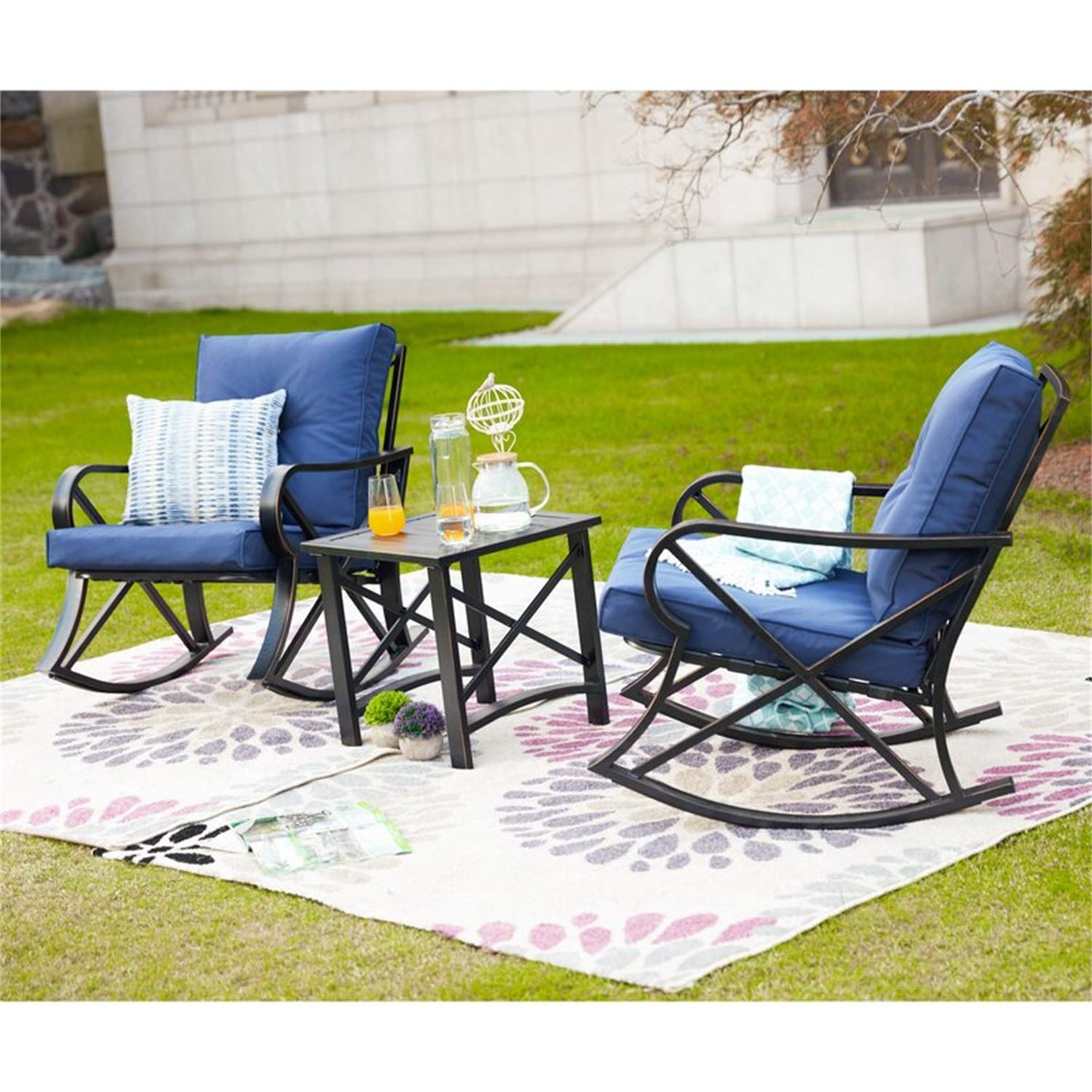 **Outdoor Rocking Chair Set with Coffee Table & Cushions - 3-Piece Patio Furniture for Backyard, Porch, Poolside - Durable Metal Bistro Set (Blue) - Perfect for Relaxing, Lounging & Entertaining**