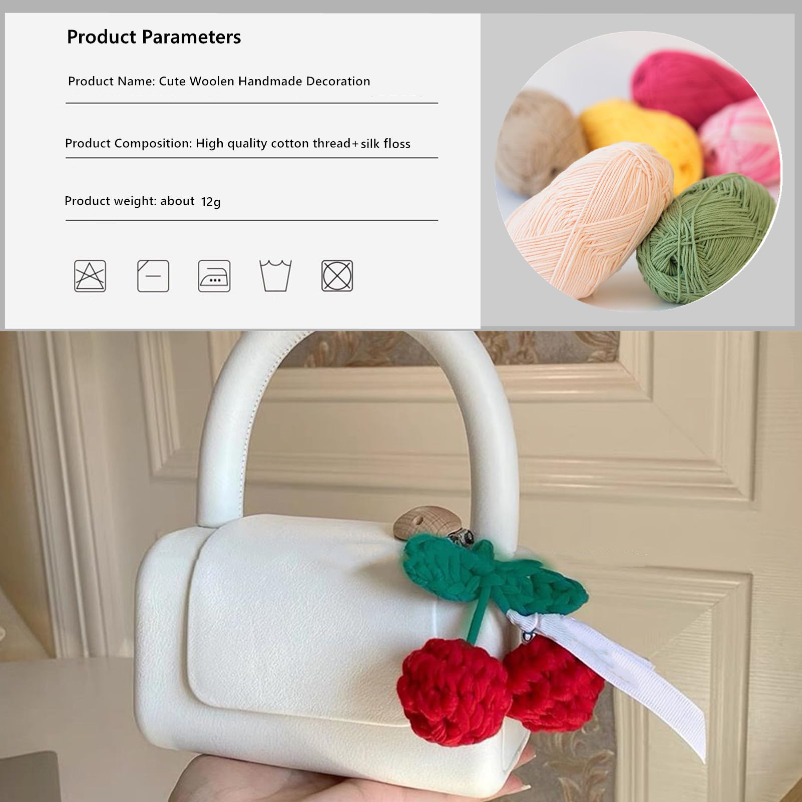 Cute Cherry Crochet Car Rear View Mirror Hanger - Hand Knitted Car Decor Accessory for Holiday Gifts & Everyday Driving Safety