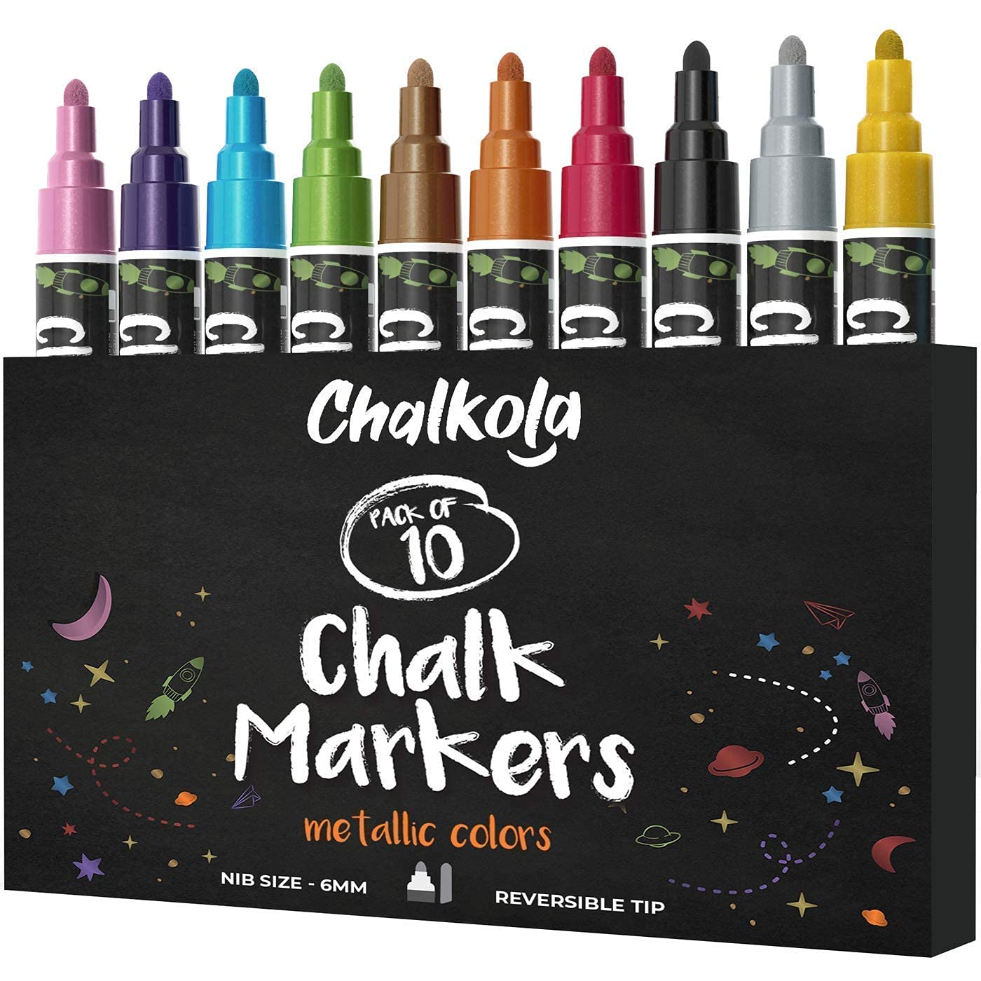 Chalkola 10-Pack Dual Tip White & Black Chalk Markers with 10 Metallic Markers - 6mm Fine Point for Glass, Chalkboards, Windows, and DIY Crafts