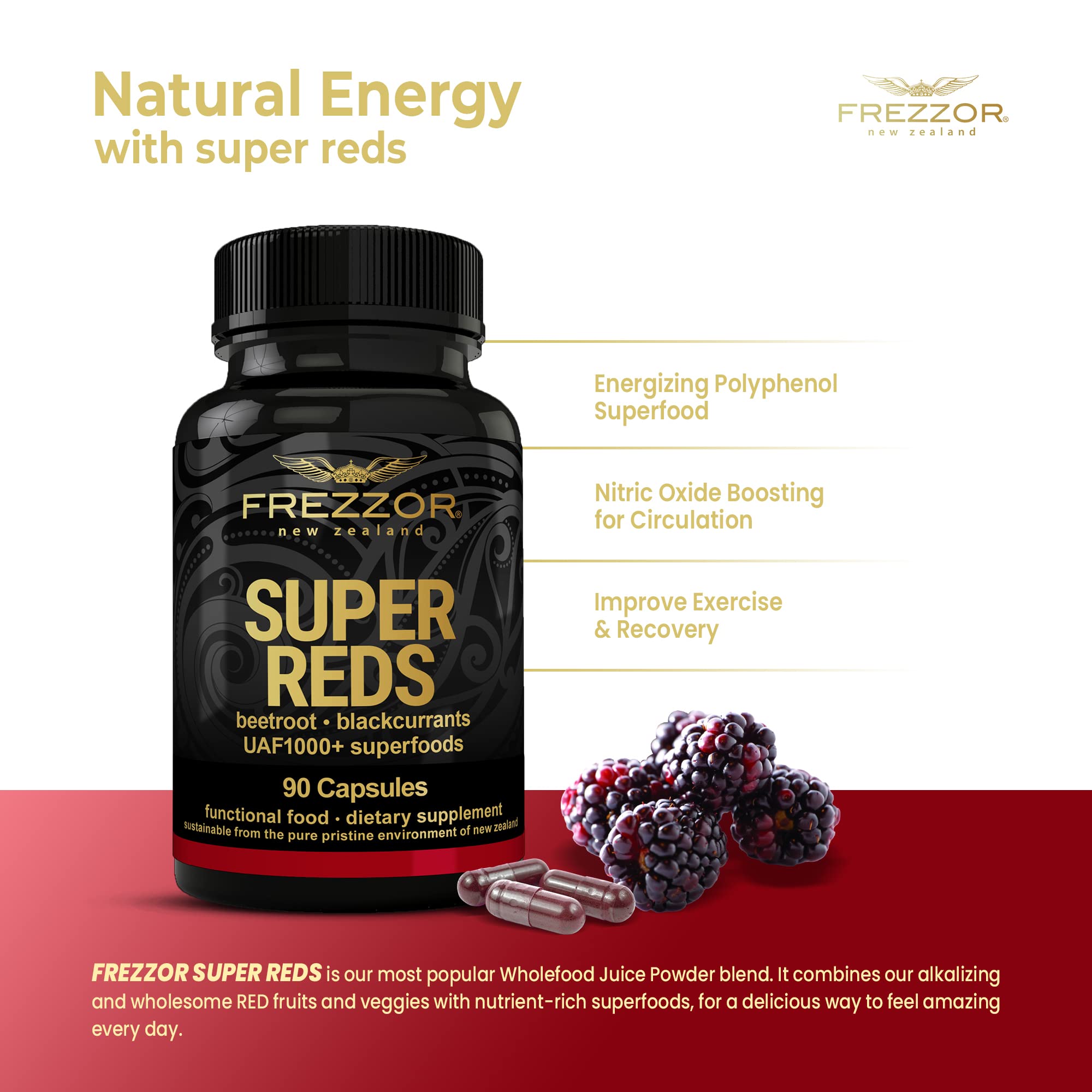 FREZZOR Super Reds Capsules with UAF1000+ | All-Natural New Zealand Red Superfood Energy Supplement | Antioxidant-Rich Red Fruits, Vegetables & Beets | 540 Capsules (6 Bottles) | Boost Energy & Immunity for Active Lifestyles