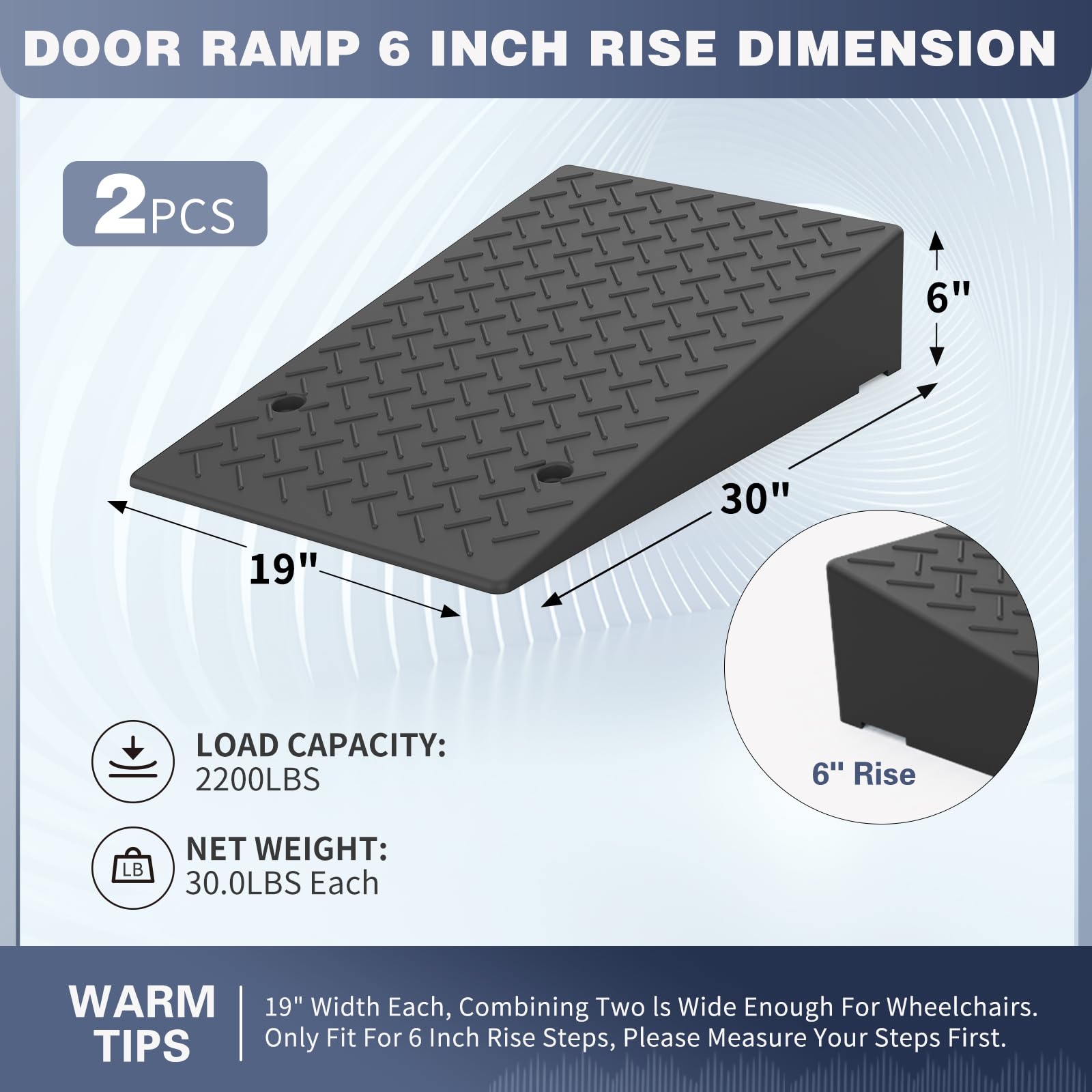 **6 Inch Rubber Threshold Ramp - Heavy Duty Non-Slip Wheelchair & Scooter Ramp for Home & Garage (2PCS, 2200LBS Capacity) - Perfect for Wheelchairs, Cars, Mobility Scooters & Outdoor Use**