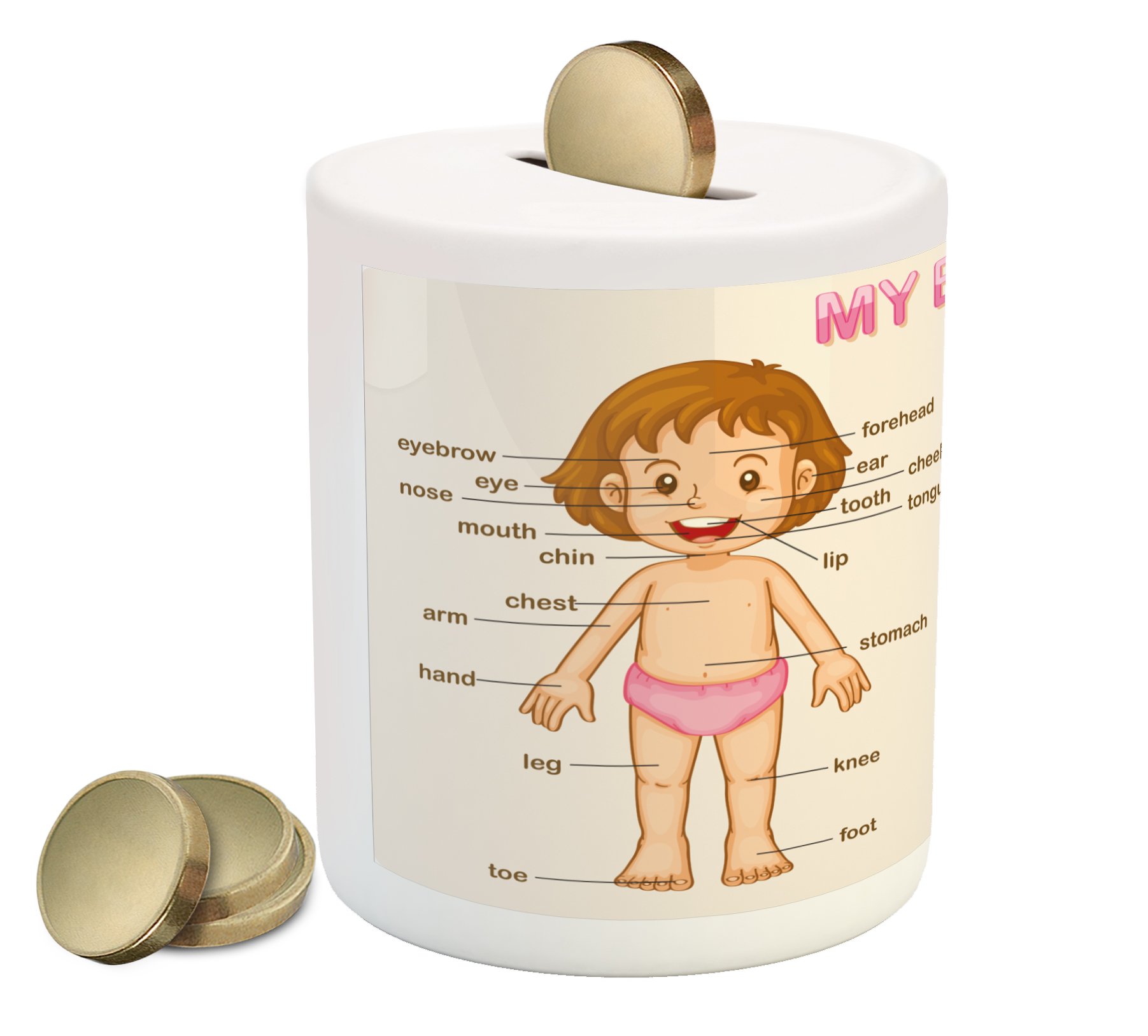 Ambesonne Science Piggy Bank - Ceramic Money Box for Kids with Cartoon Girl & Body Parts Design - 3.6