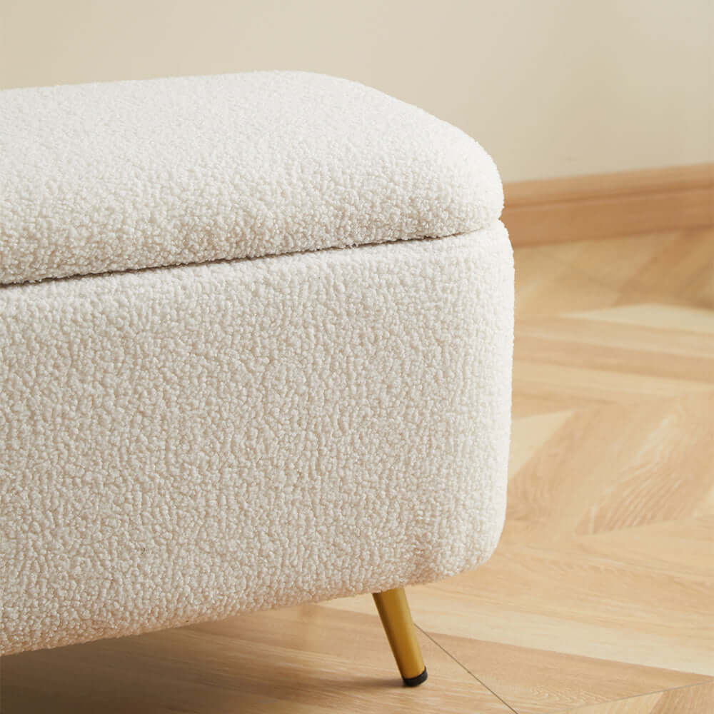Modern Upholstered Boucle White Storage Bench with Gold Legs - Stylish Ottoman for Bedroom, Living Room & Entryway Decor