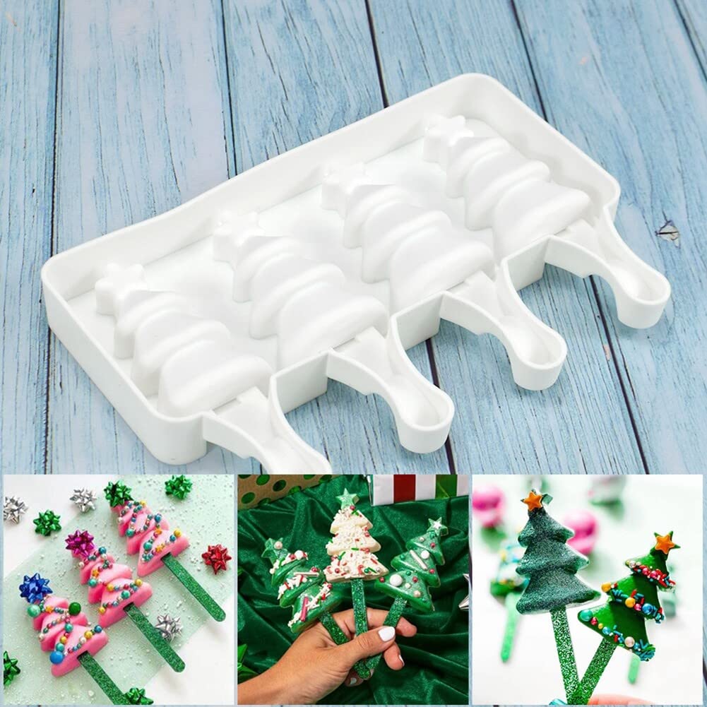 Christmas Tree Shaped Silicone Popsicle Molds - 4 Cavity Reusable Ice Pop Makers for Kids & Adults - Perfect for Homemade Ice Cream, Cake Pops, and DIY Frozen Treats - Great for Summer Parties, Holiday Desserts, and Family Fun