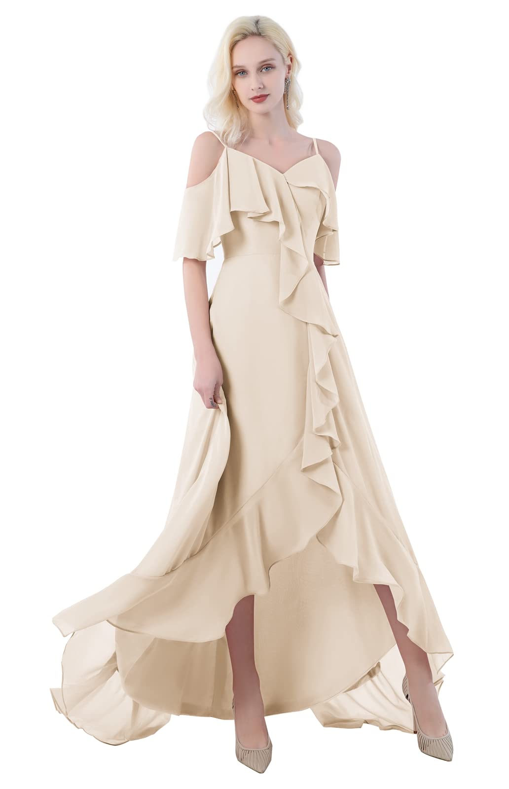 ZMOVQA Women's Off Shoulder V-Neck Chiffon Bridesmaid Dress with Ruffle Sleeves - A-Line Formal Evening Gown with High Slit for Weddings, Prom & Special Occasions