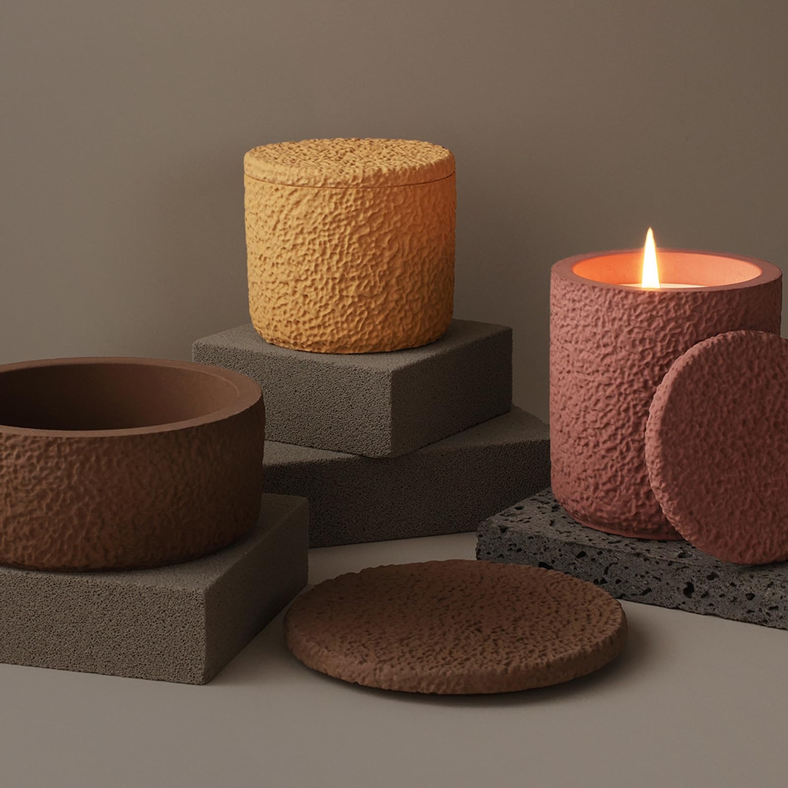 Silicone Candle Jar Molds Set with Lids - Round Concrete Stripe Candle Vessels & Storage Box for DIY Candle Making, Home Decor & Gift Packaging (A-Rough) | Perfect for Handmade Candles, Bathroom Storage & Decorative Containers
