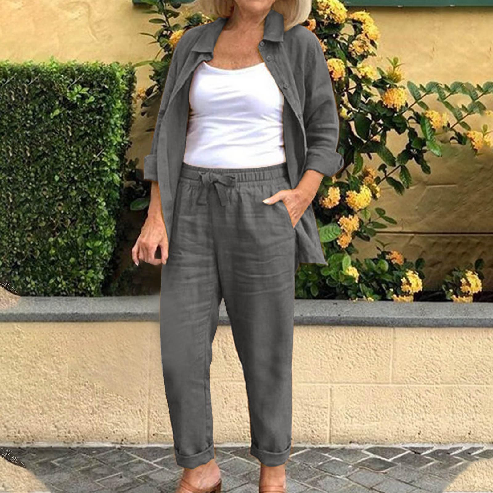 YMADREIG Women's 2-Piece Linen Outfit - Long Sleeve Button Down Shirt & Loose Linen Pants Set | Summer Casual Lounge Wear | Perfect for Beach Vacations, Yoga, and Relaxing at Home